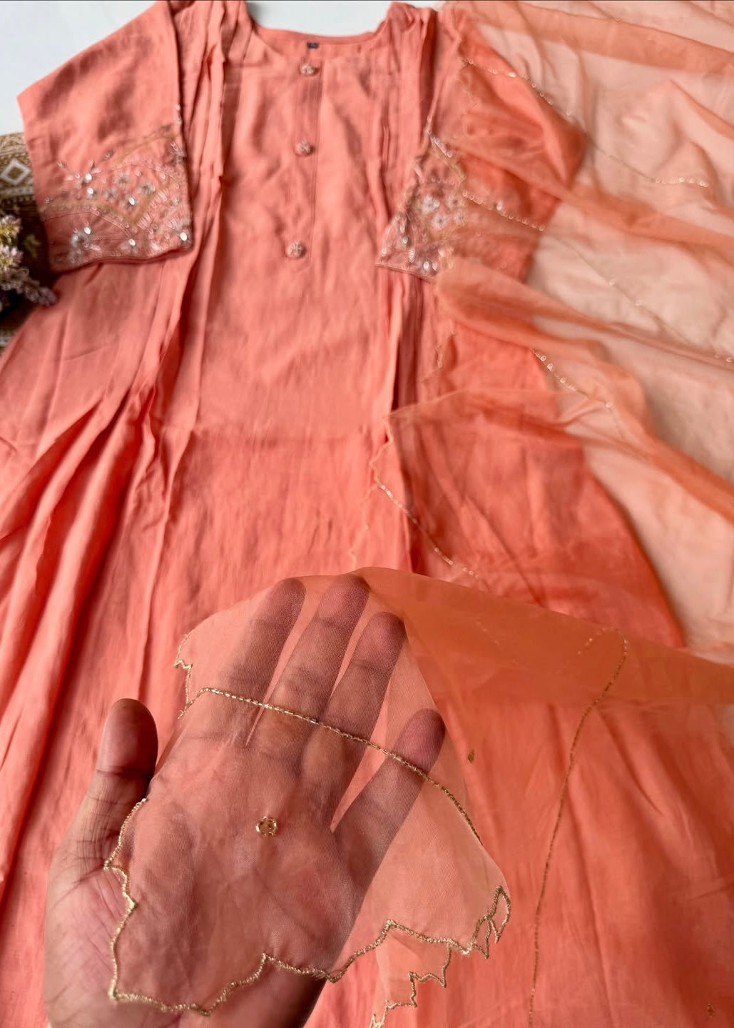 “Bindiya” Deep Rose Mul Chanderi handwork kurta set