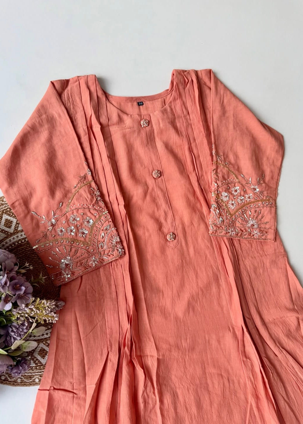 “Bindiya” Deep Rose Mul Chanderi handwork kurta set
