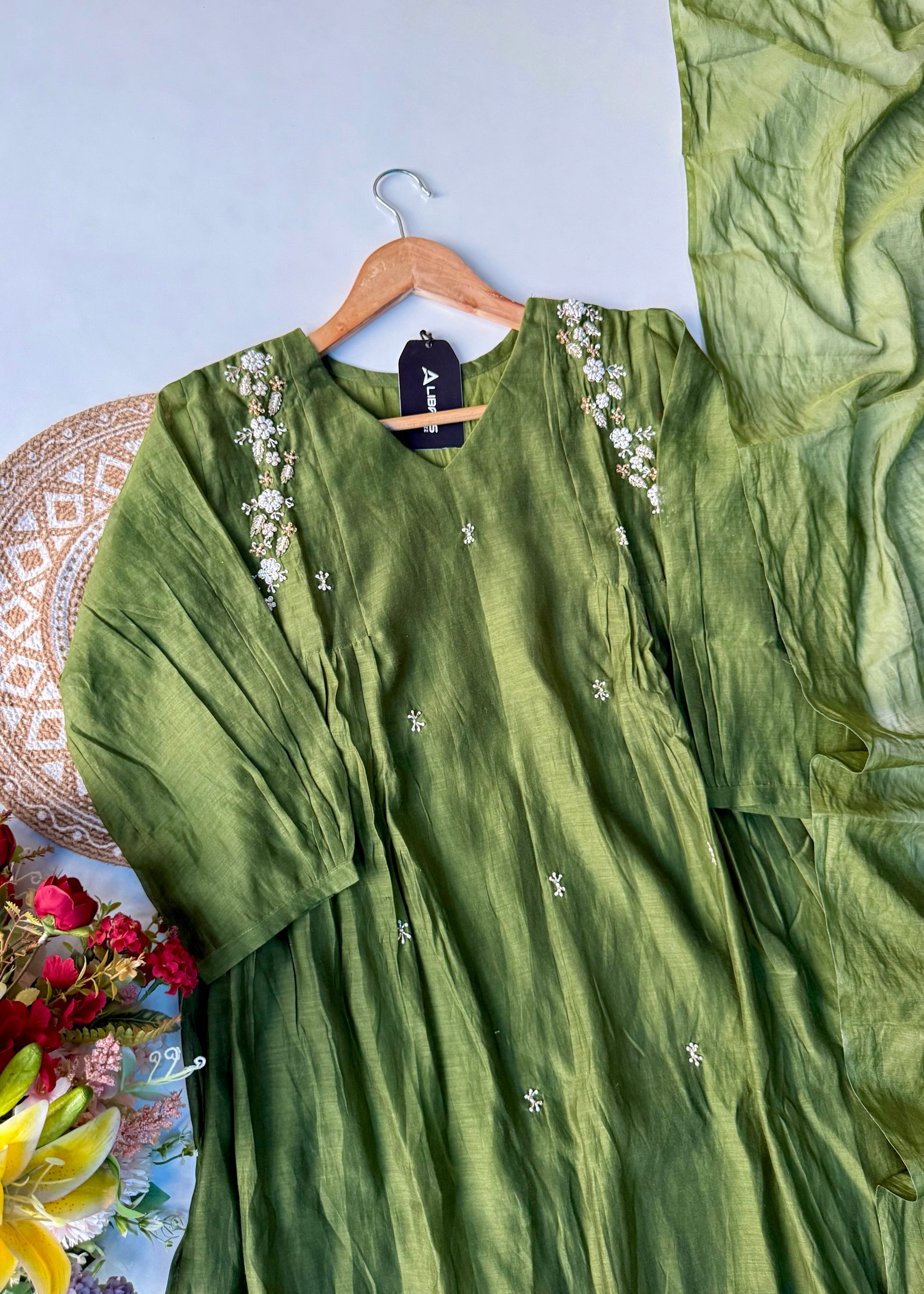 “Zayna” Premium Green Mul Chanderi anarkali kurta set