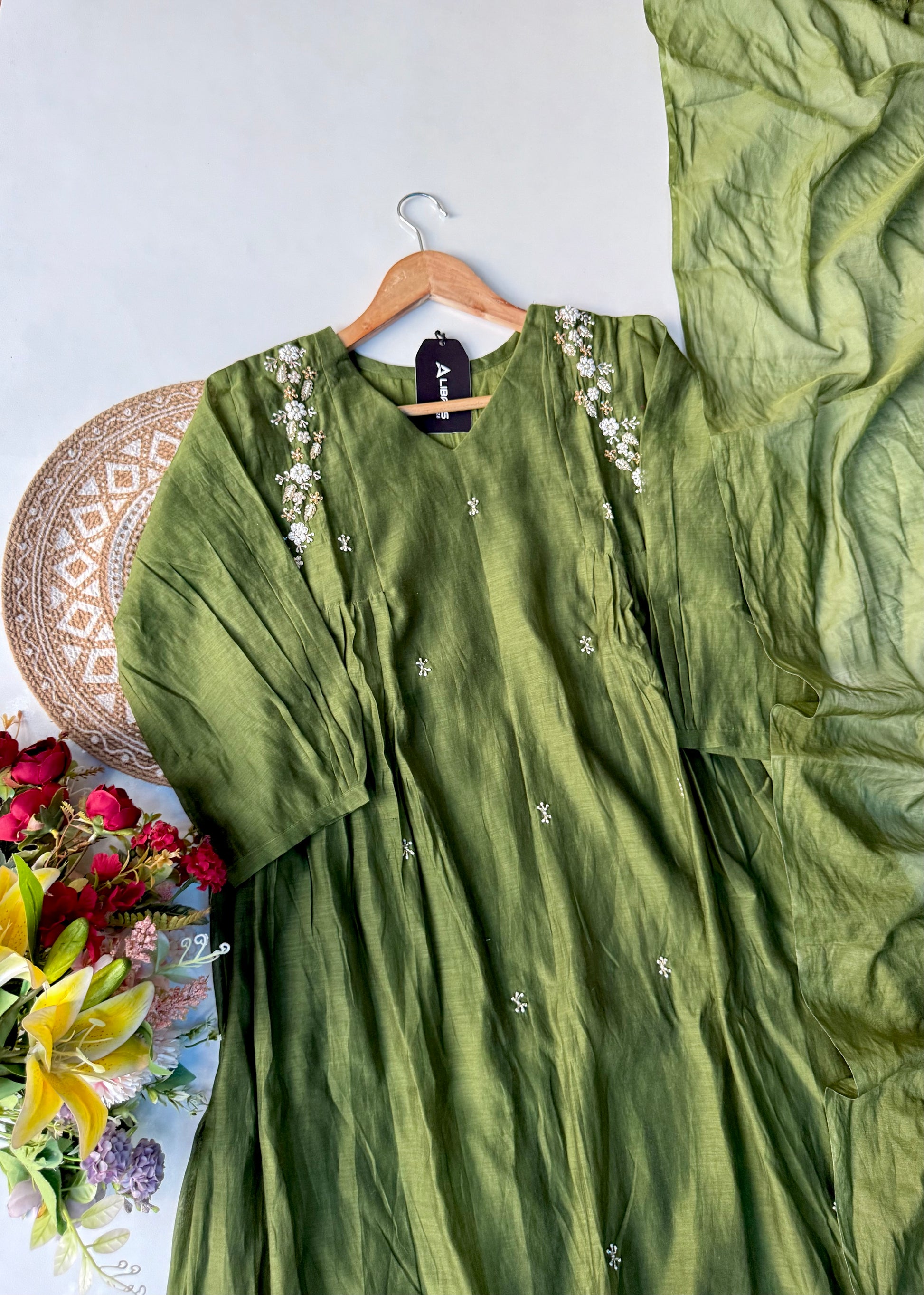 “Zayna” Premium Green Mul Chanderi anarkali kurta set