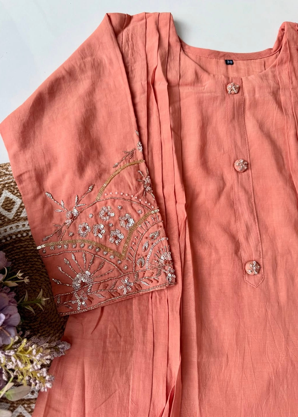 “Bindiya” Deep Rose Mul Chanderi handwork kurta set