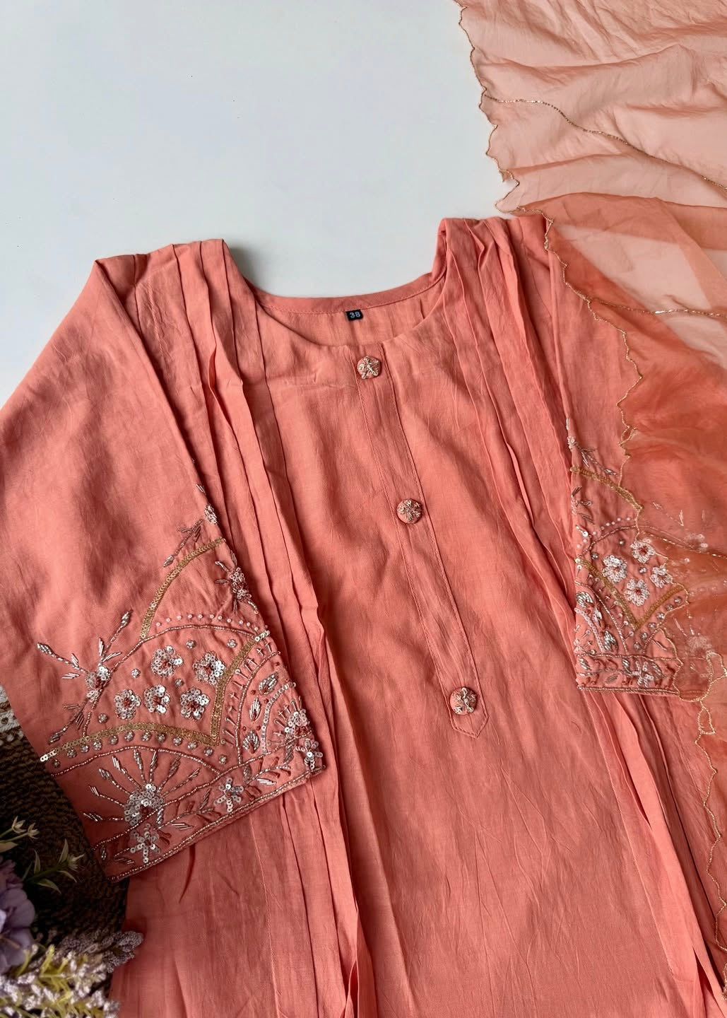 “Bindiya” Deep Rose Mul Chanderi handwork kurta set
