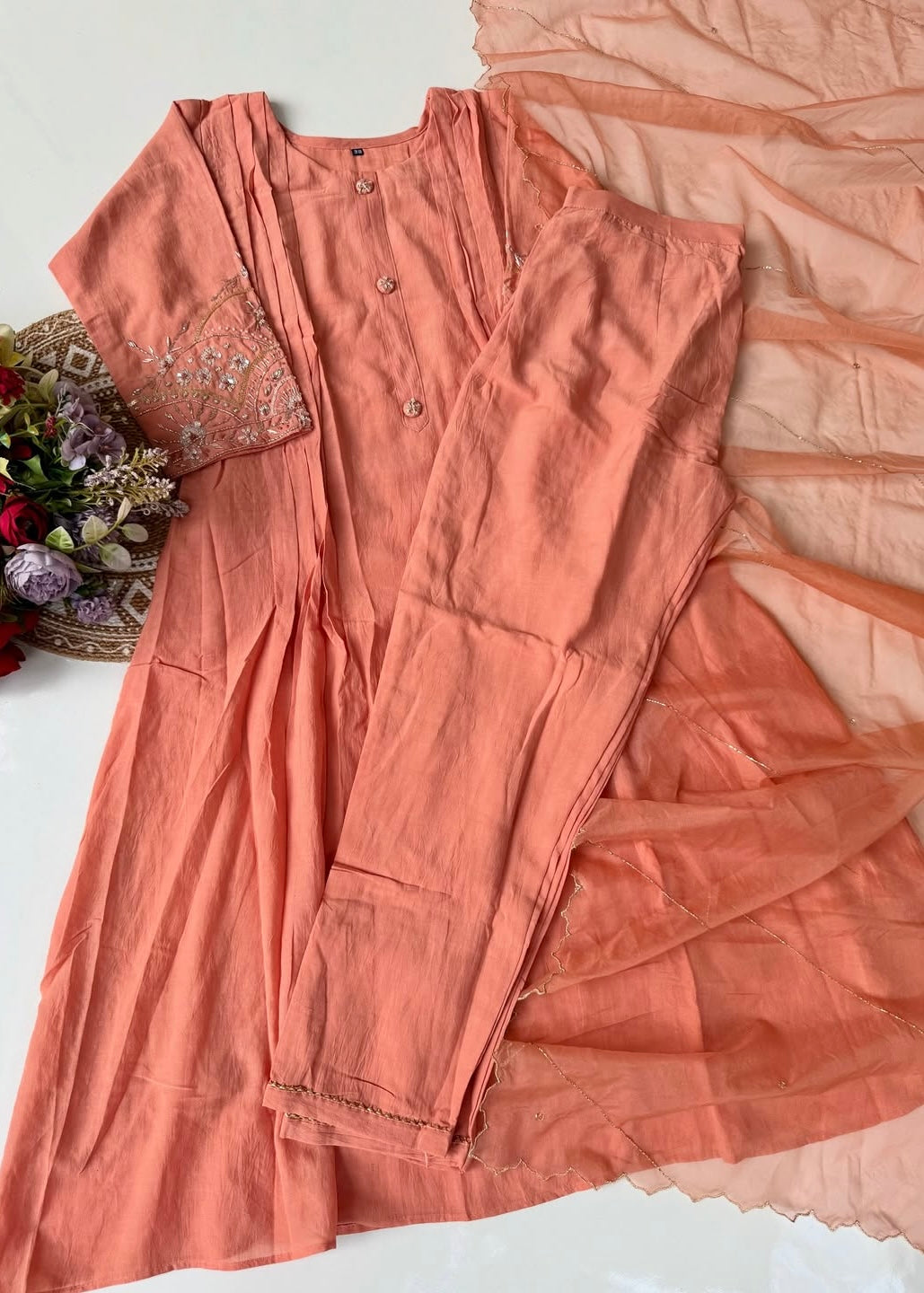 “Bindiya” Deep Rose Mul Chanderi handwork kurta set