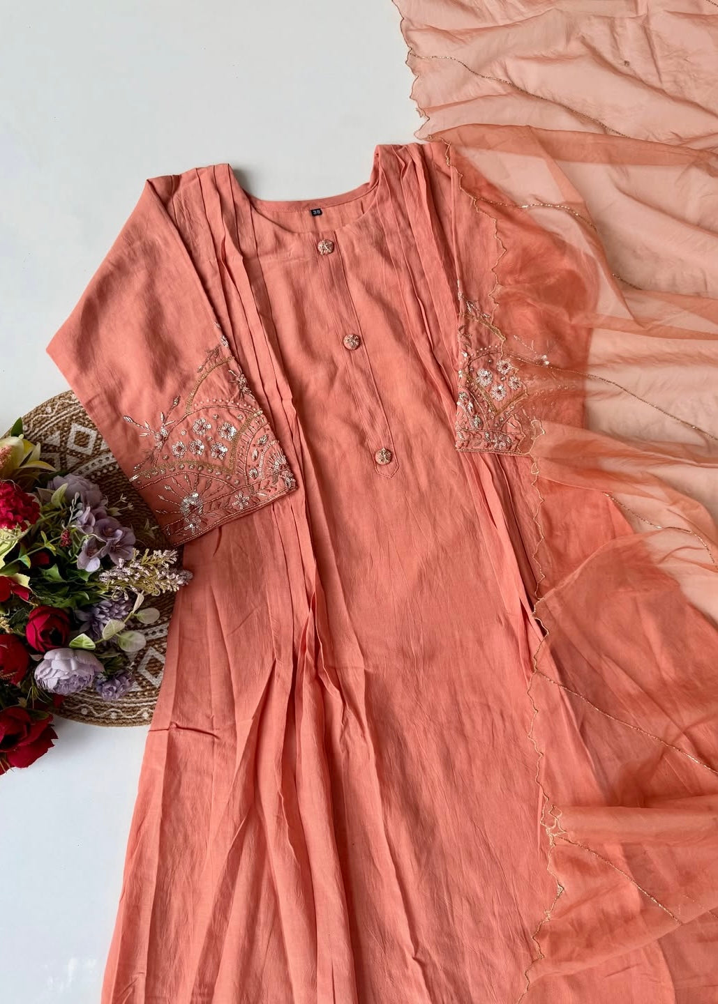 “Bindiya” Deep Rose Mul Chanderi handwork kurta set