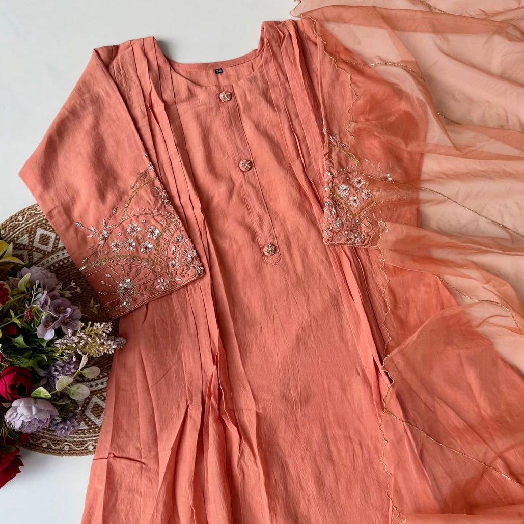 “Bindiya” Deep Rose Mul Chanderi handwork kurta set
