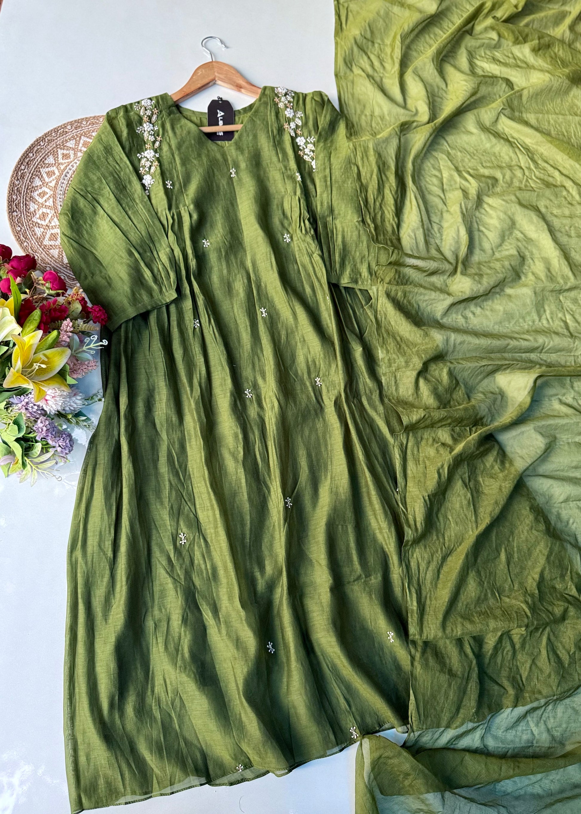 “Zayna” Premium Green Mul Chanderi anarkali kurta set