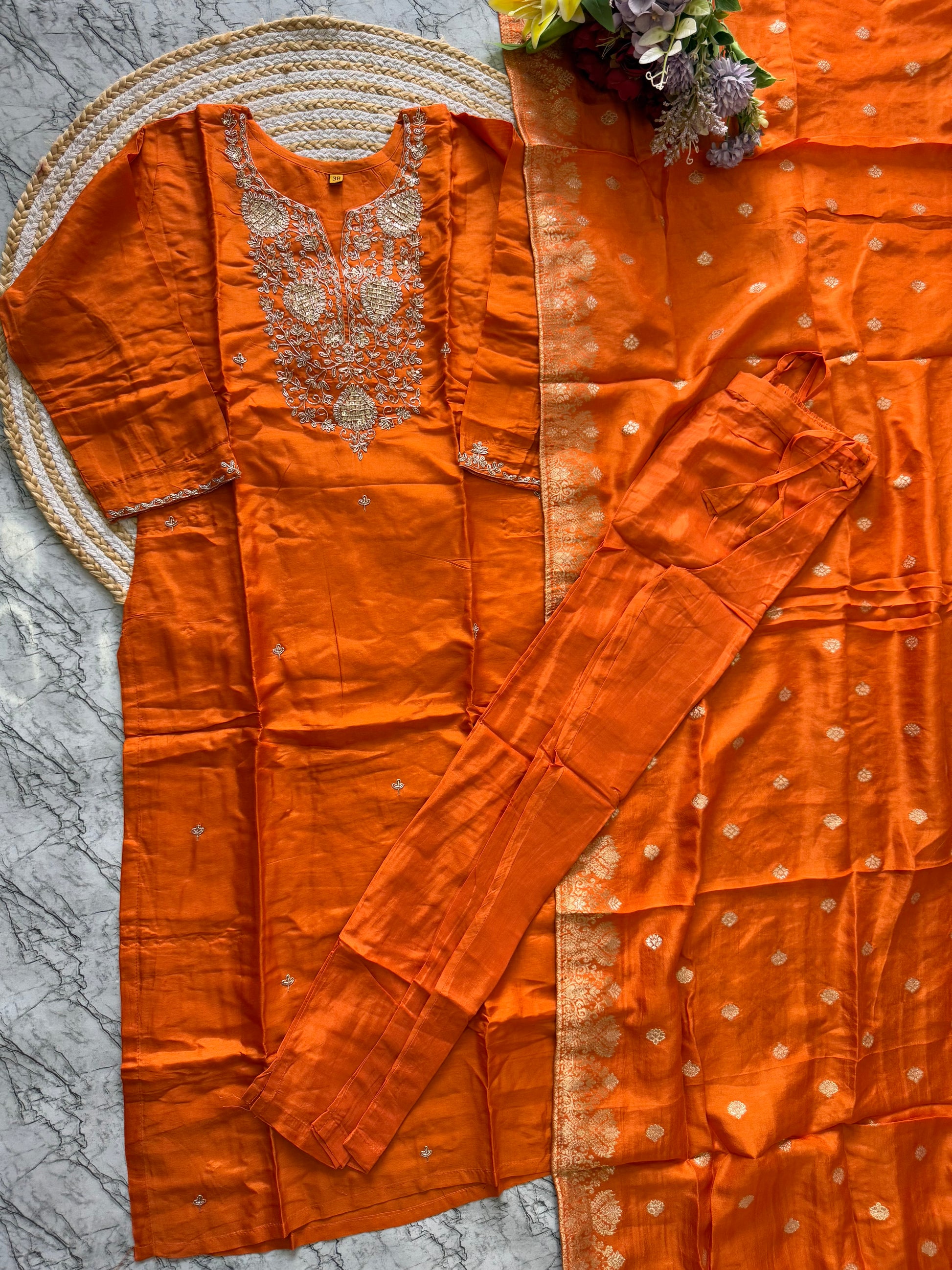 "Safiina" Beautiful orange shade dola silk kurti bottom with dupatta set 🛍️