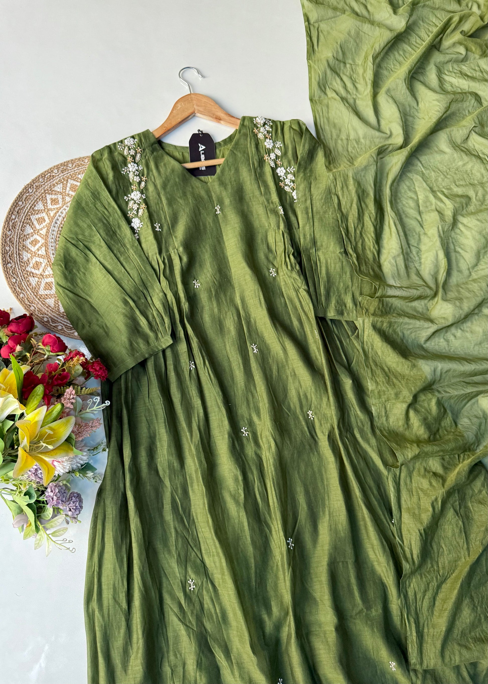 “Zayna” Premium Green Mul Chanderi anarkali kurta set