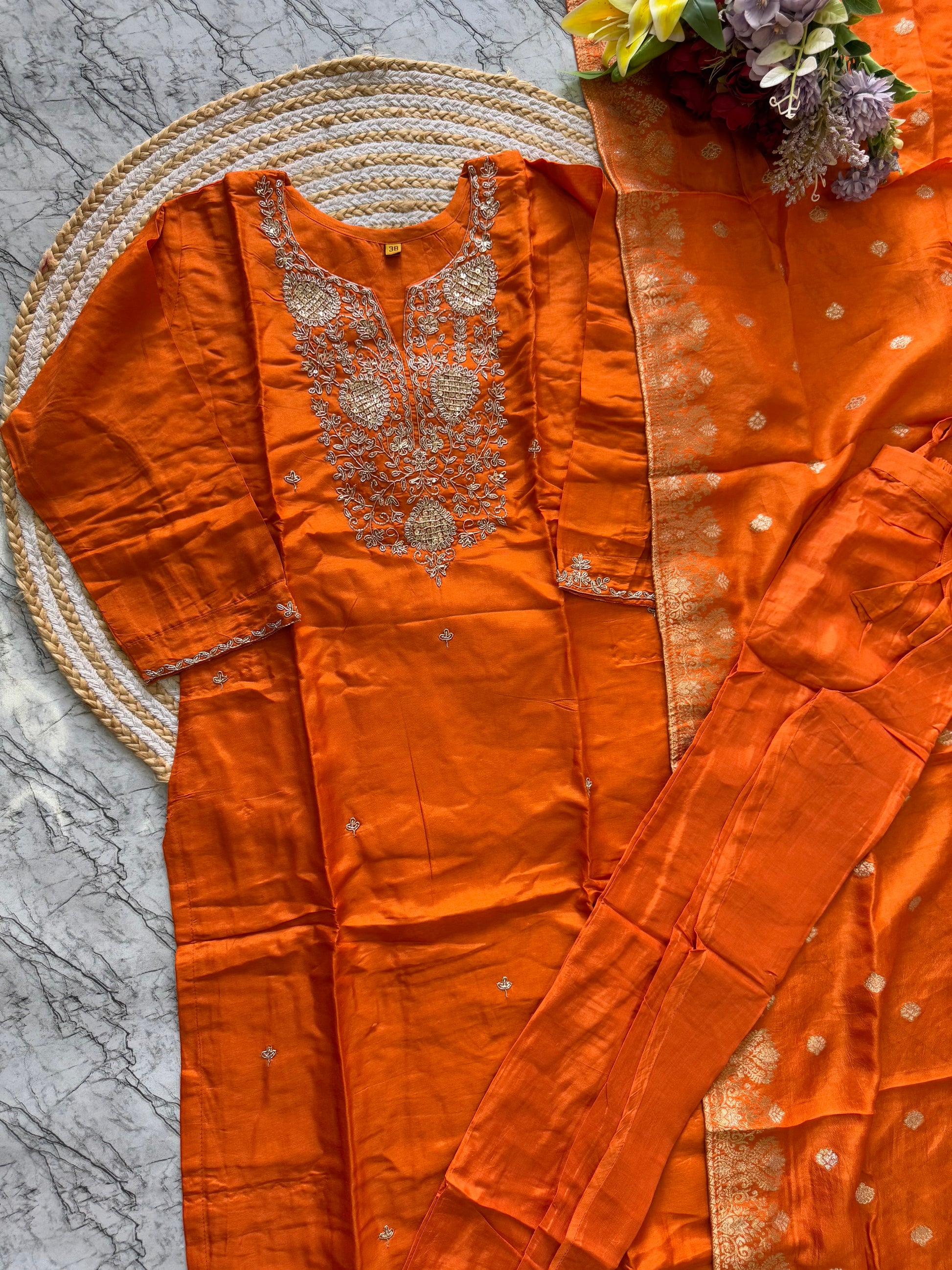 "Safiina" Beautiful orange shade dola silk kurti bottom with dupatta set 🛍️