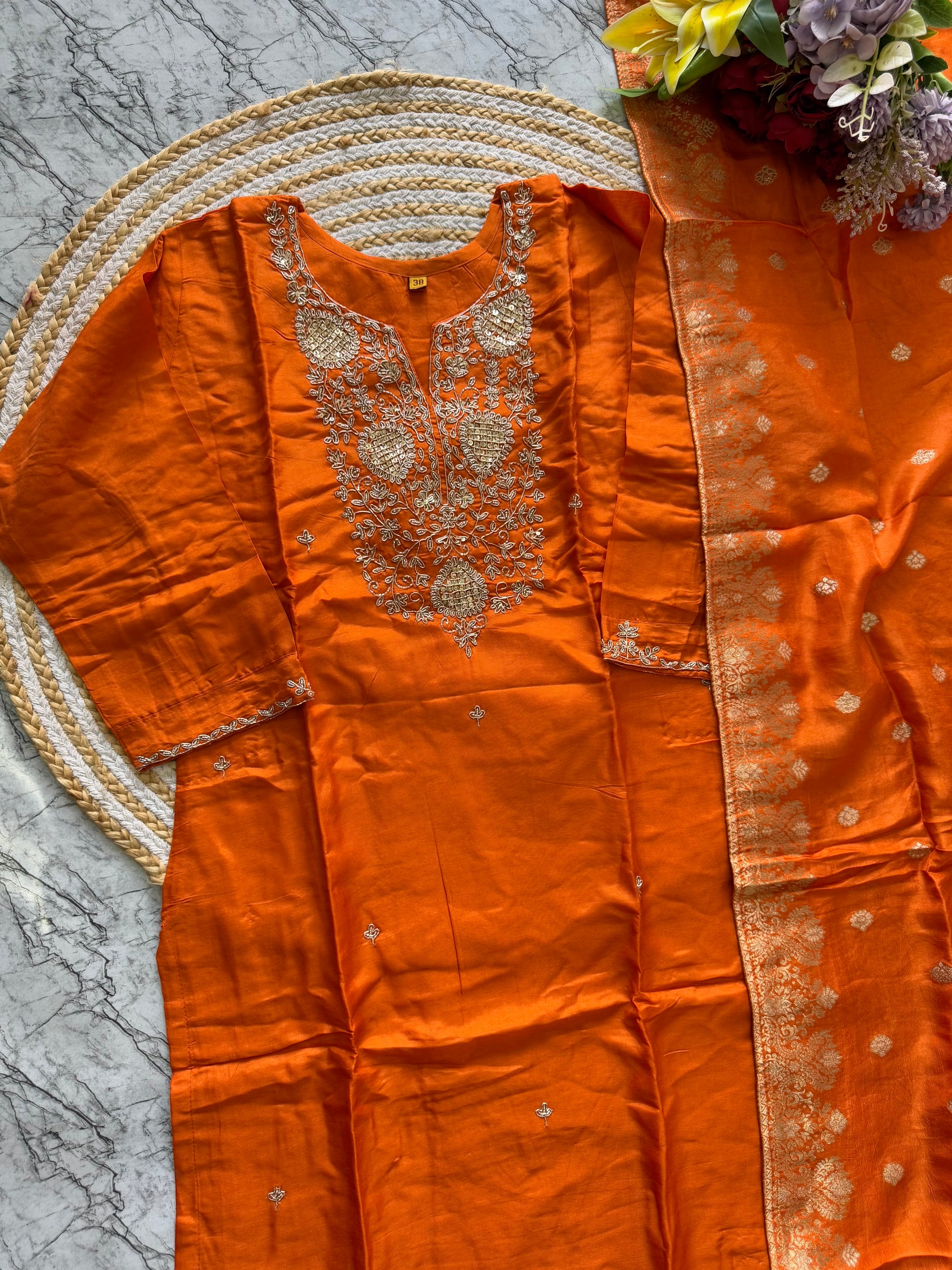 "Safiina" Beautiful orange shade dola silk kurti bottom with dupatta set 🛍️