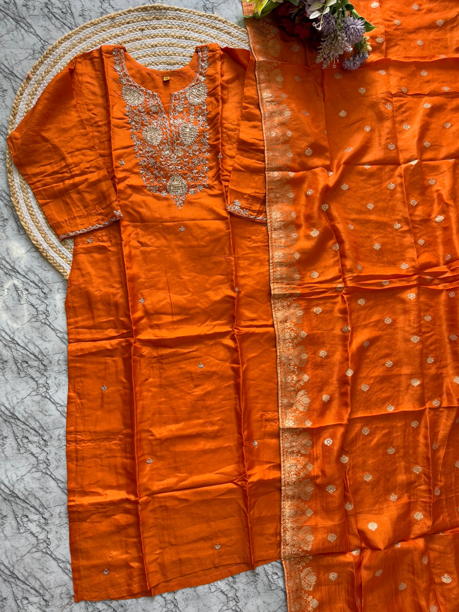 "Safiina" Beautiful orange shade dola silk kurti bottom with dupatta set 🛍️