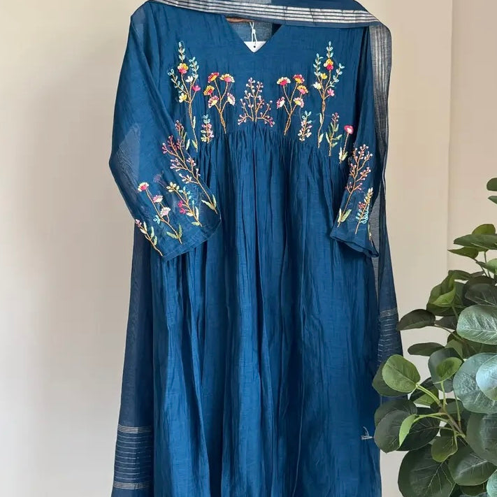 💙AYRA- Pre book Blue Mul Chanderi Thread Work Anarkali Kurta Set