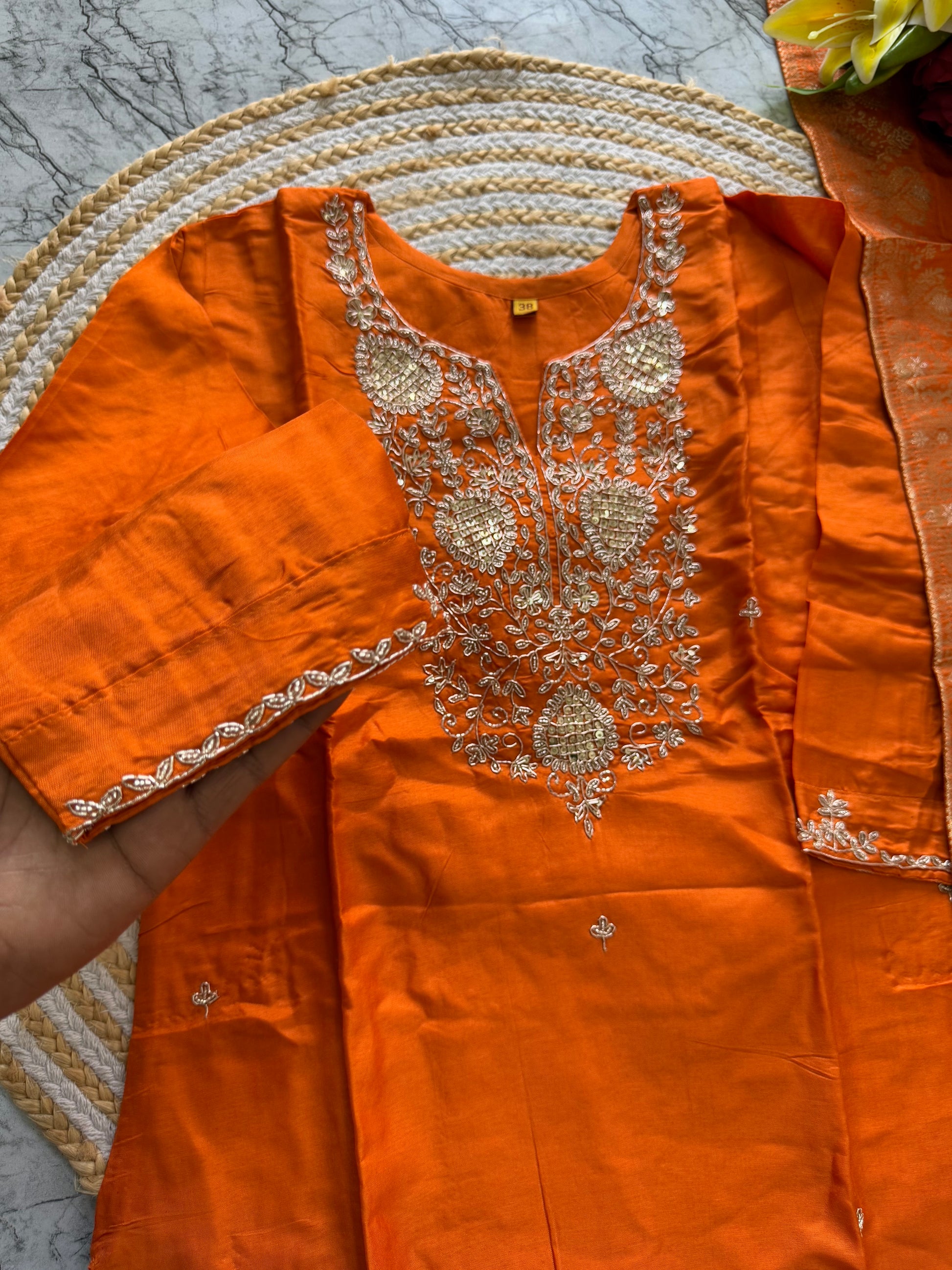 "Safiina" Beautiful orange shade dola silk kurti bottom with dupatta set 🛍️