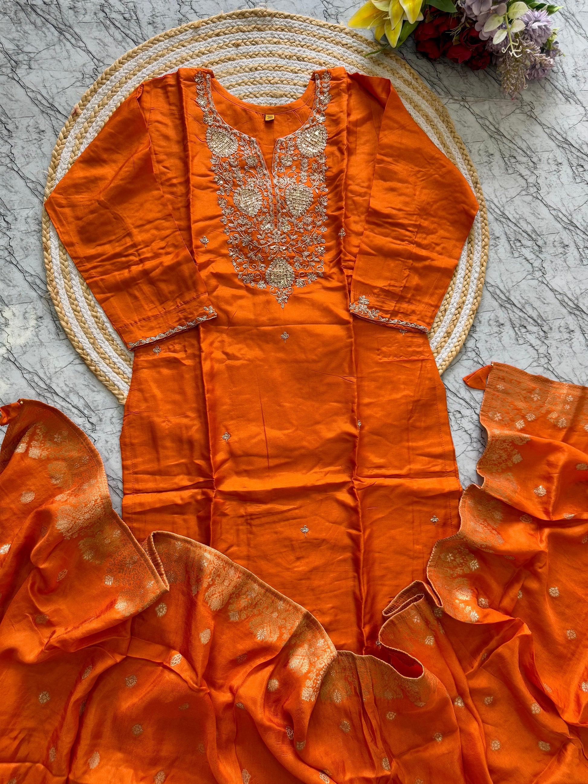 "Safiina" Beautiful orange shade dola silk kurti bottom with dupatta set 🛍️