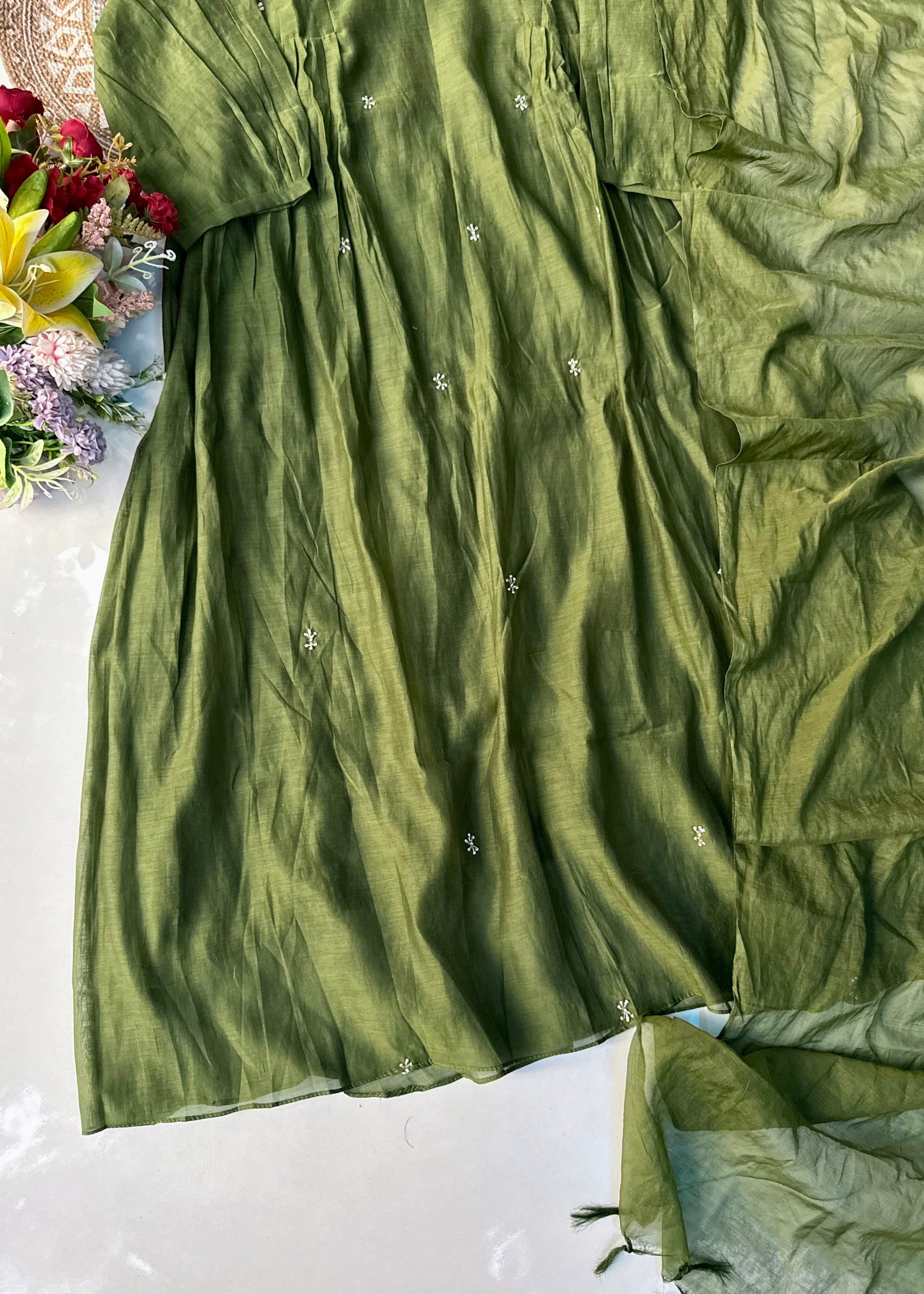 “Zayna” Premium Green Mul Chanderi anarkali kurta set