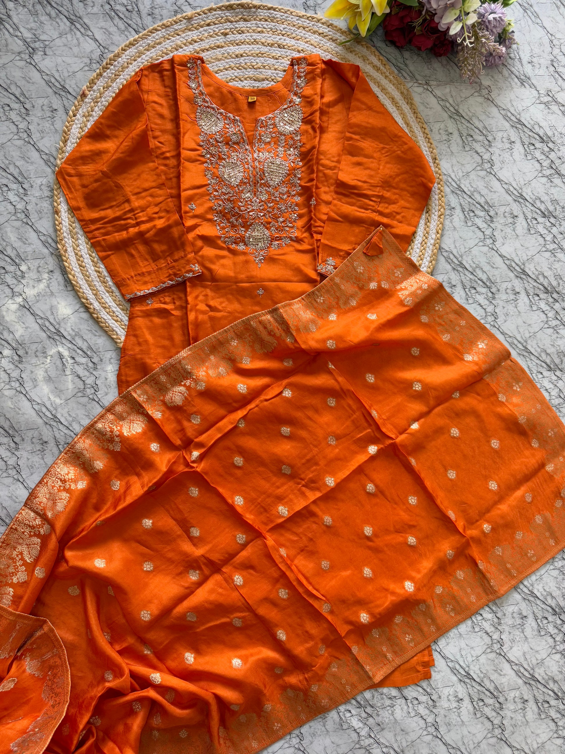 "Safiina" Beautiful orange shade dola silk kurti bottom with dupatta set 🛍️