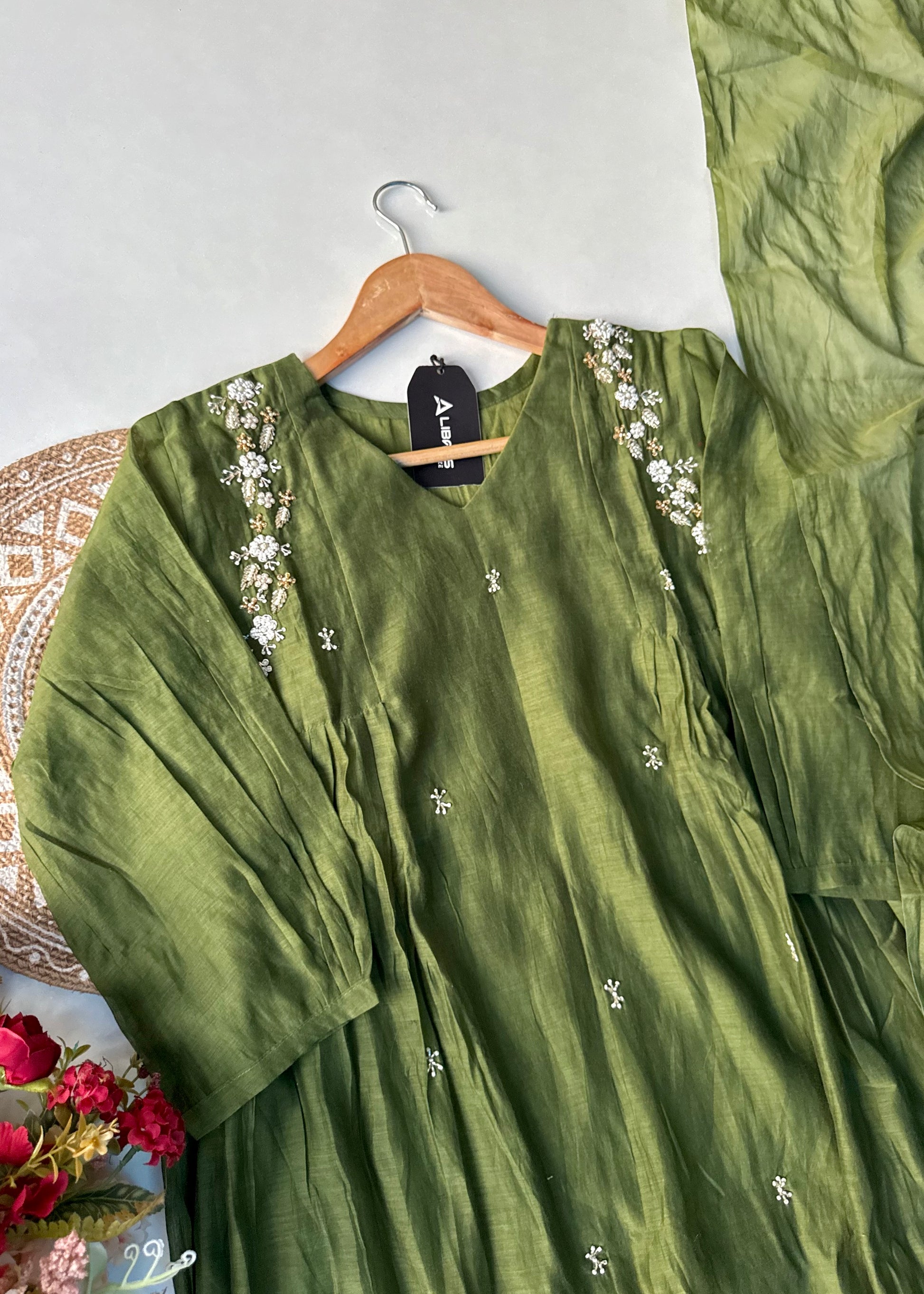 “Zayna” Premium Green Mul Chanderi anarkali kurta set