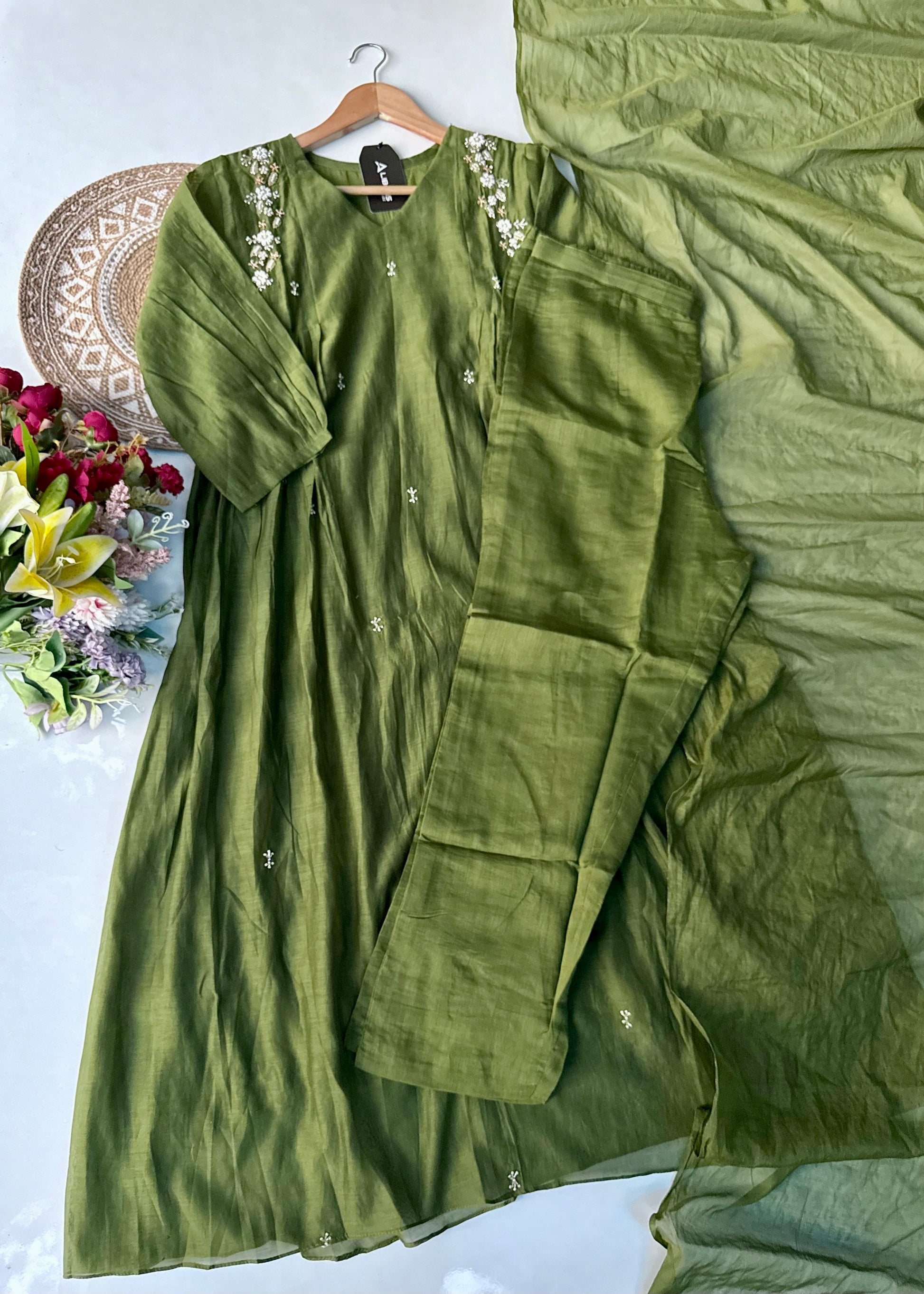 “Zayna” Premium Green Mul Chanderi anarkali kurta set