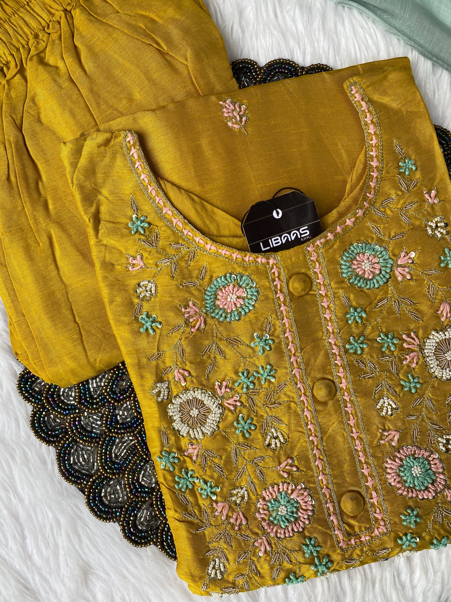 “URVI” Beautiful yellow handwork kurta bottom with lenin dupatta set