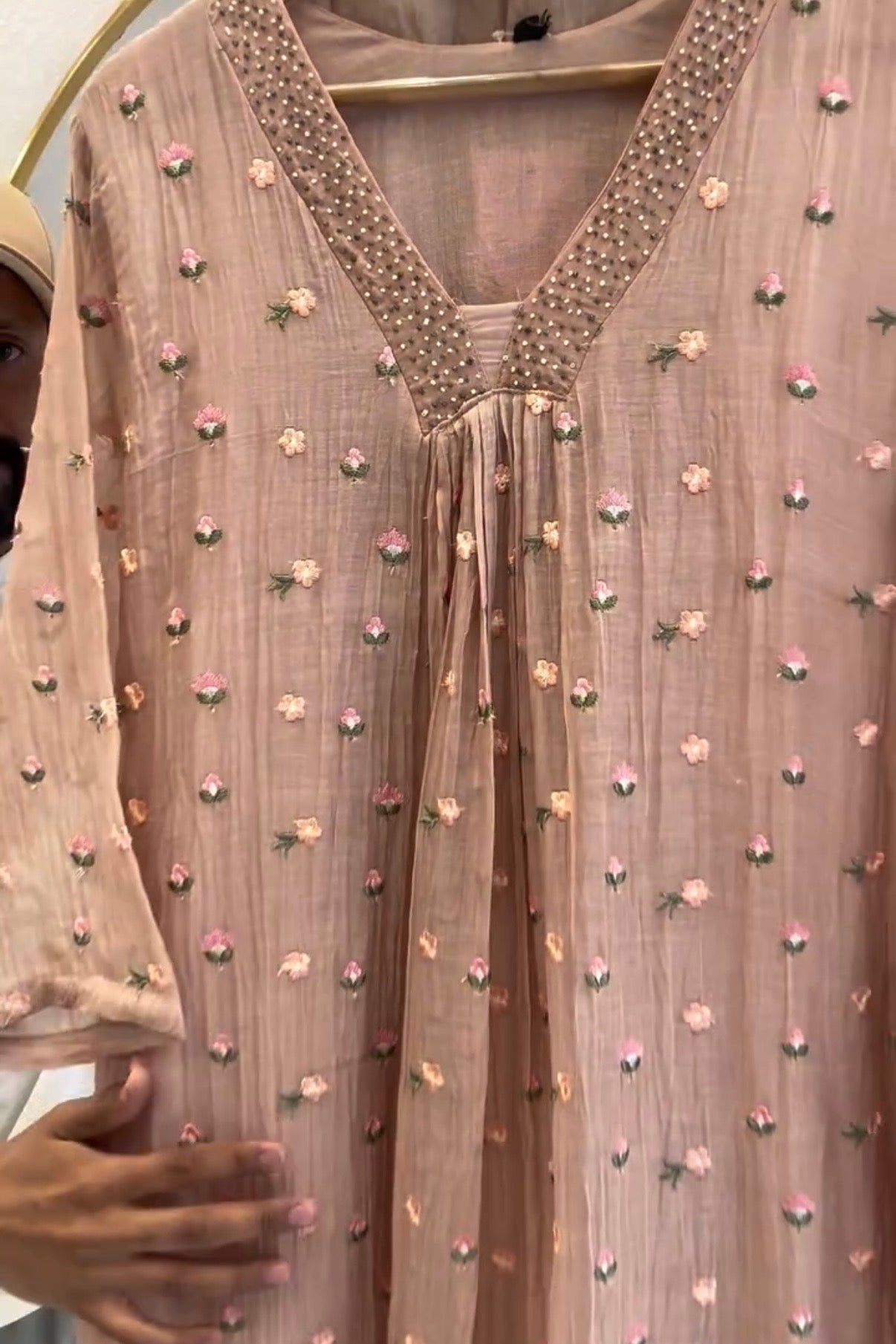 ✨”Aafiya – Premium Mul Chanderi Floral Handwork A-Line Kurta Set