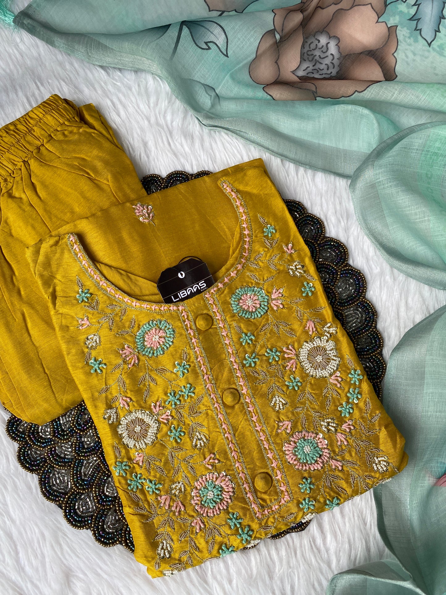 “URVI” Beautiful yellow handwork kurta bottom with lenin dupatta set