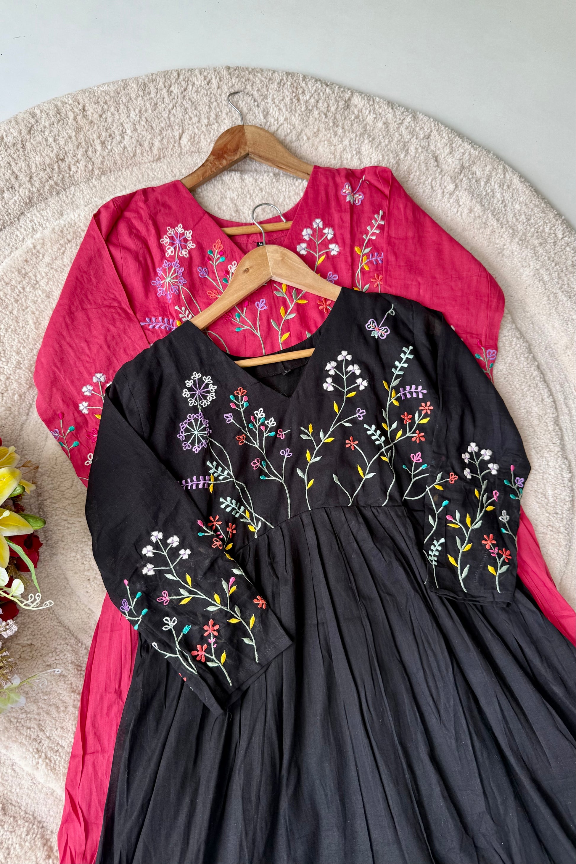 “Ziva” Beautiful Mul Cotton Embroidered Anarkali Kurta Set