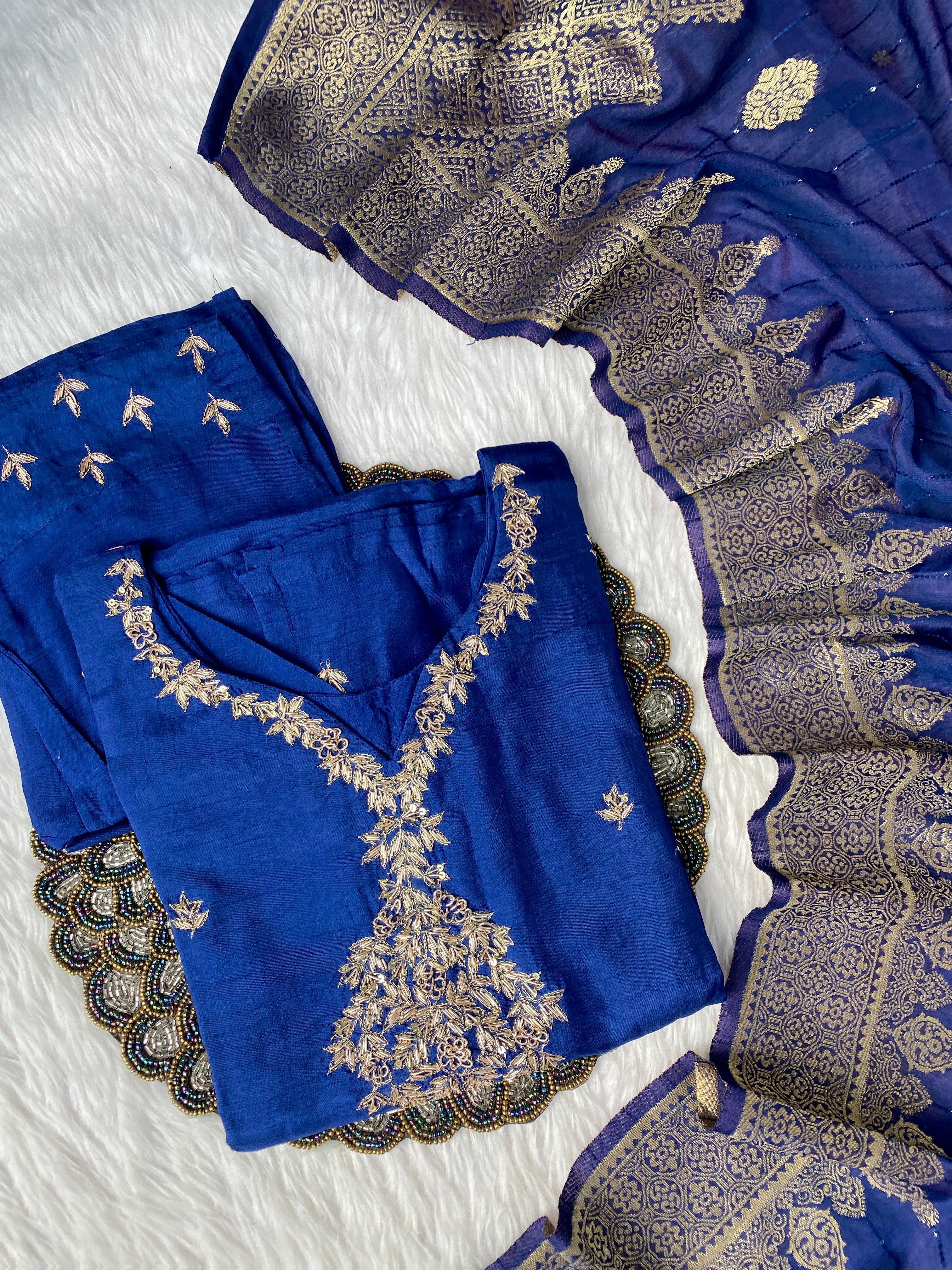 "Khushali" Silver zardozi work dola silk set