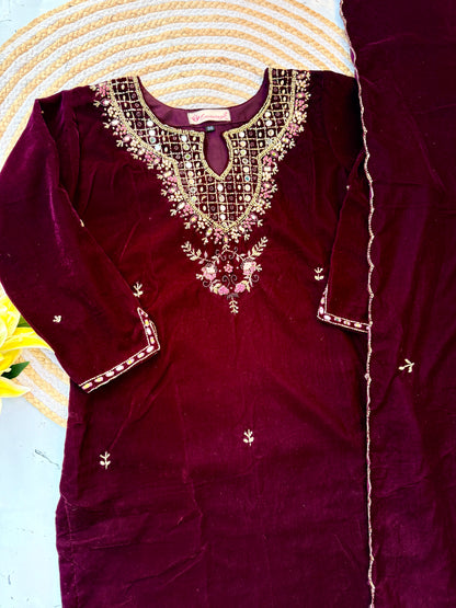 “Jivika” Maroon heavy velvet handwork suit set