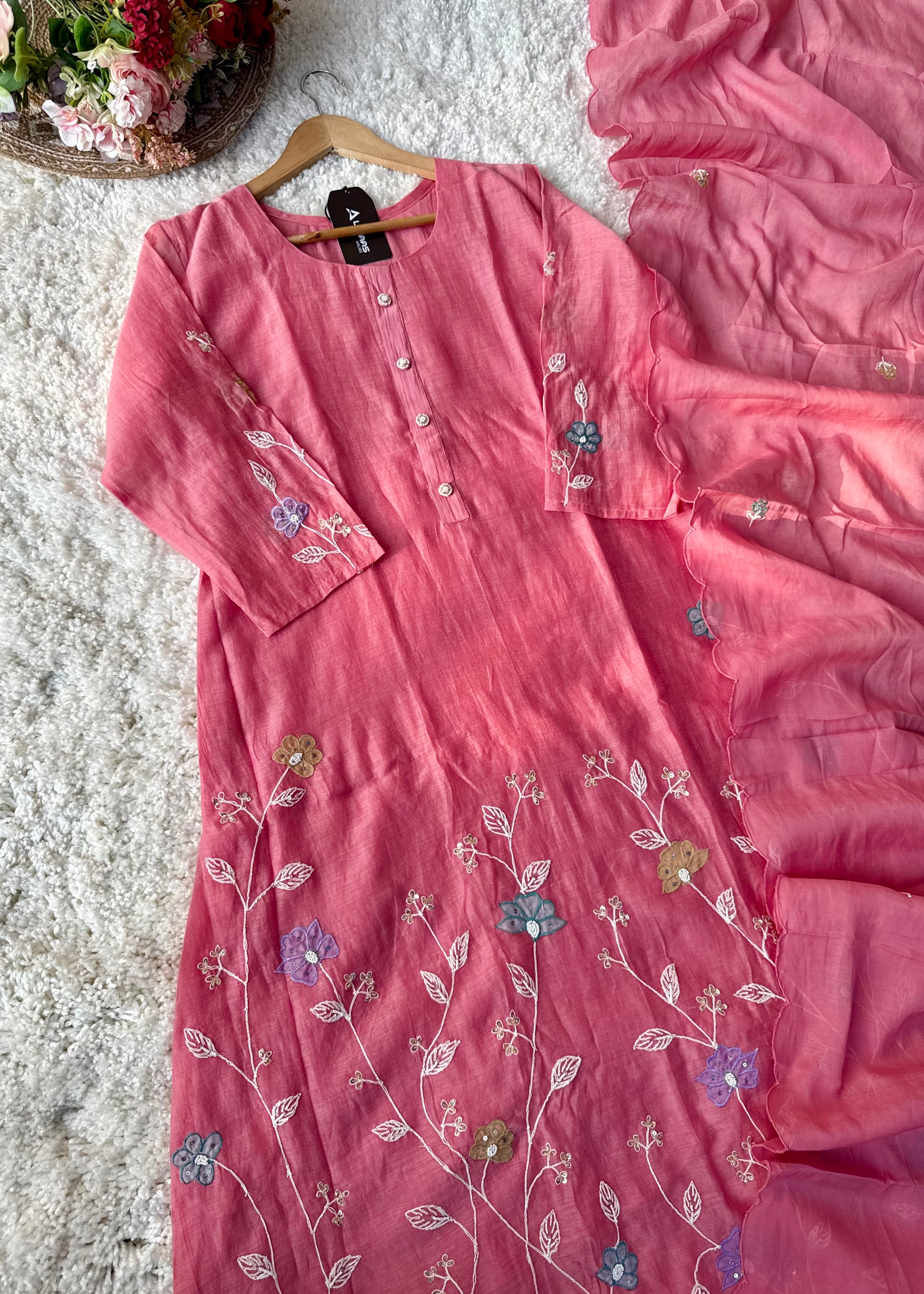 “Thread” Premium Bloom Pink Mul Chanderi A Line kurta set