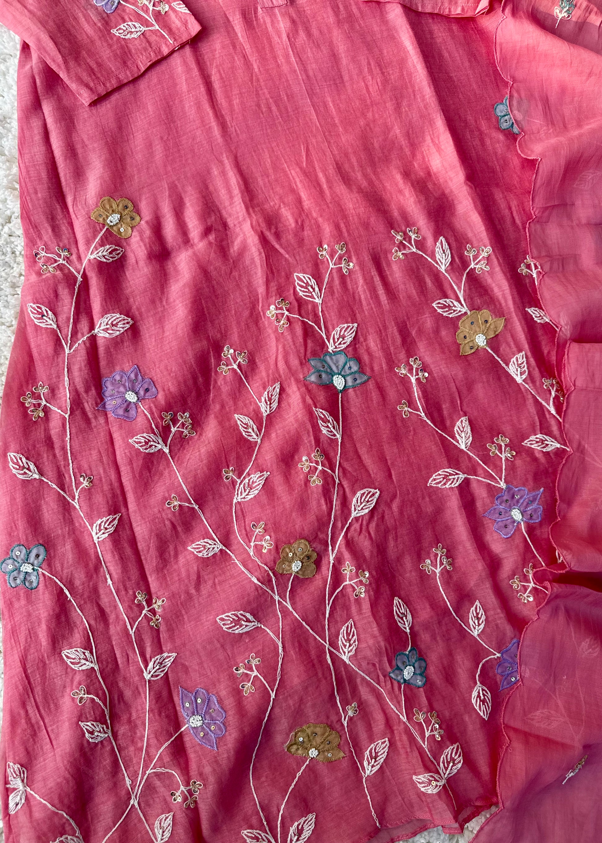 “Thread” Premium Bloom Pink Mul Chanderi A Line kurta set