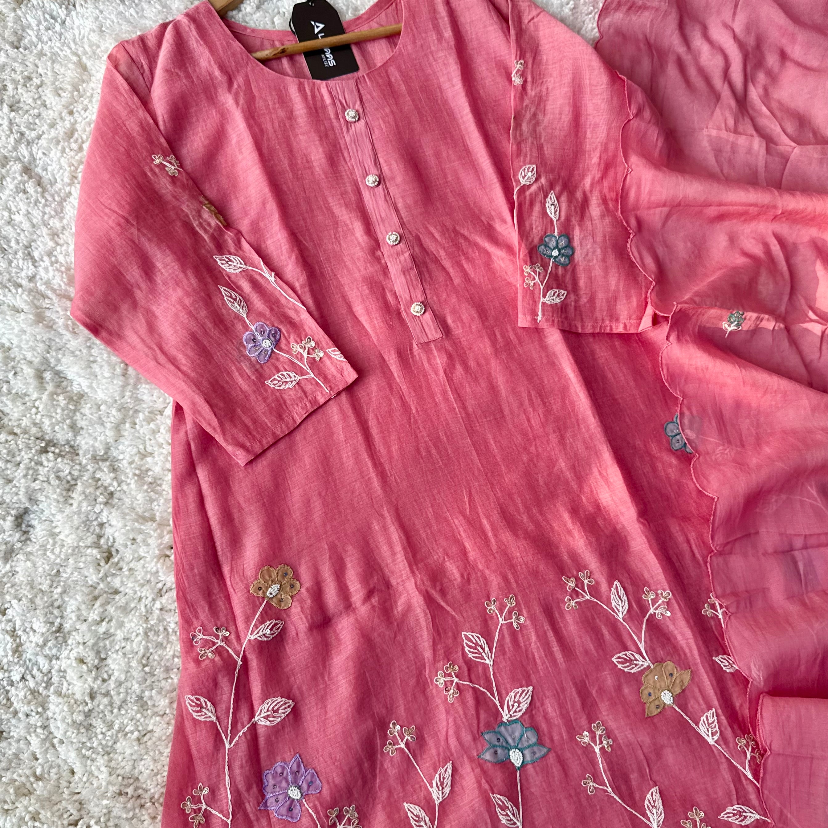 “Thread” Premium Bloom Pink Mul Chanderi A Line kurta set