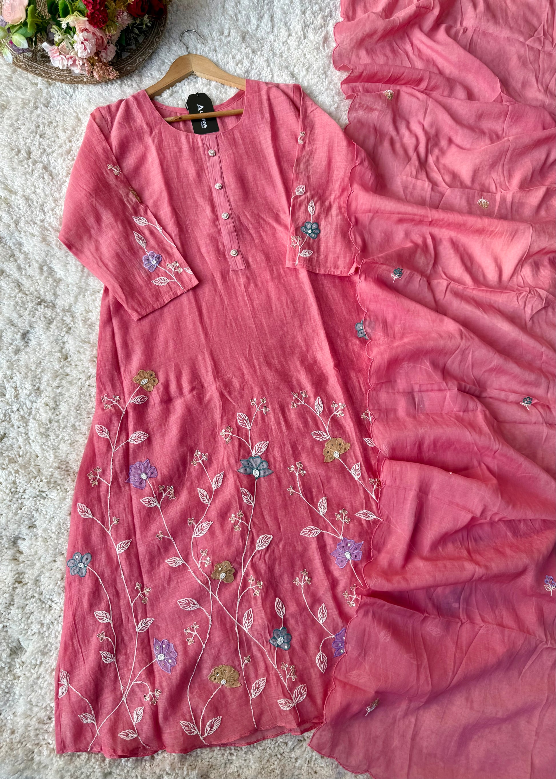 “Thread” Premium Bloom Pink Mul Chanderi A Line kurta set