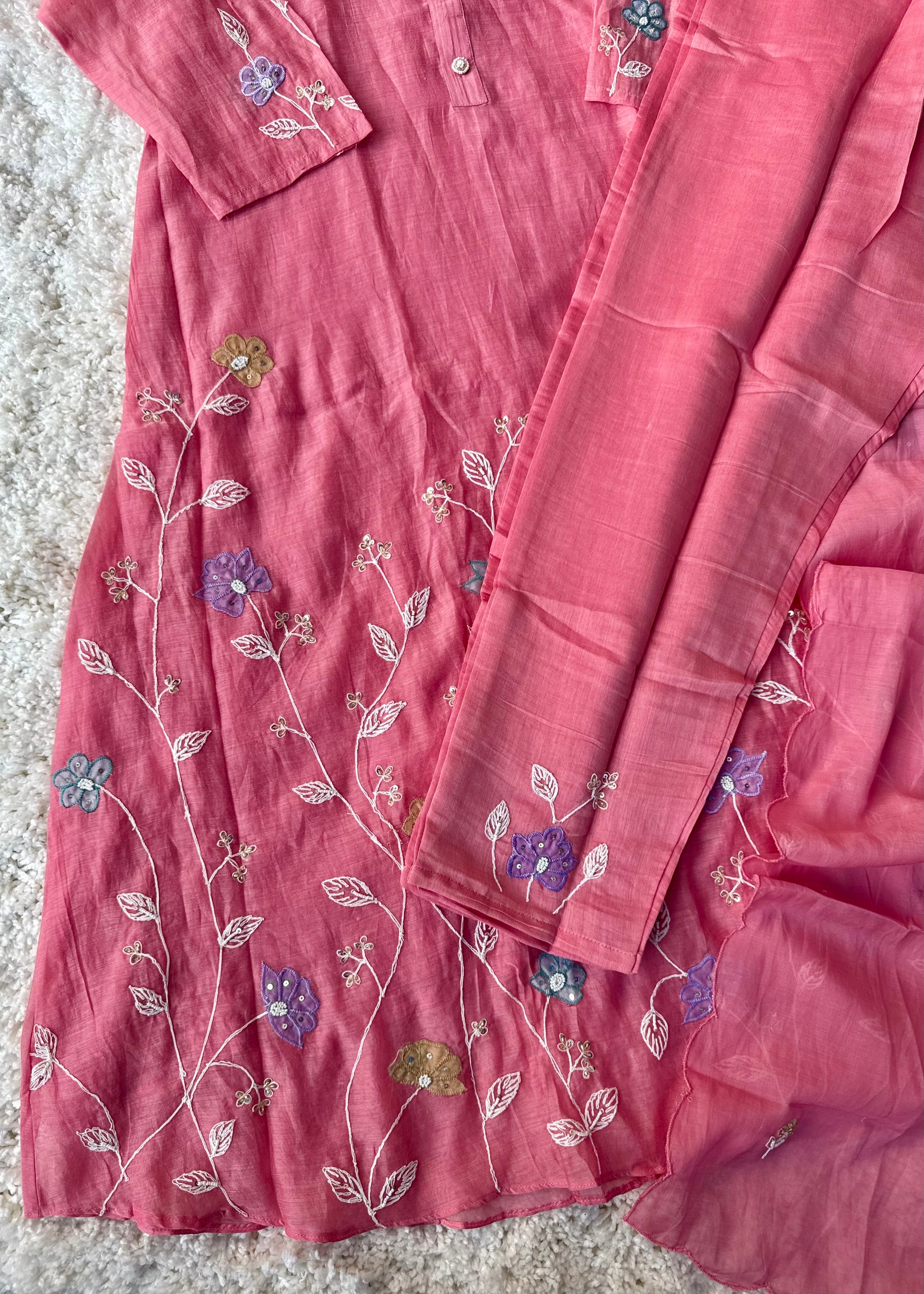 “Thread” Premium Bloom Pink Mul Chanderi A Line kurta set