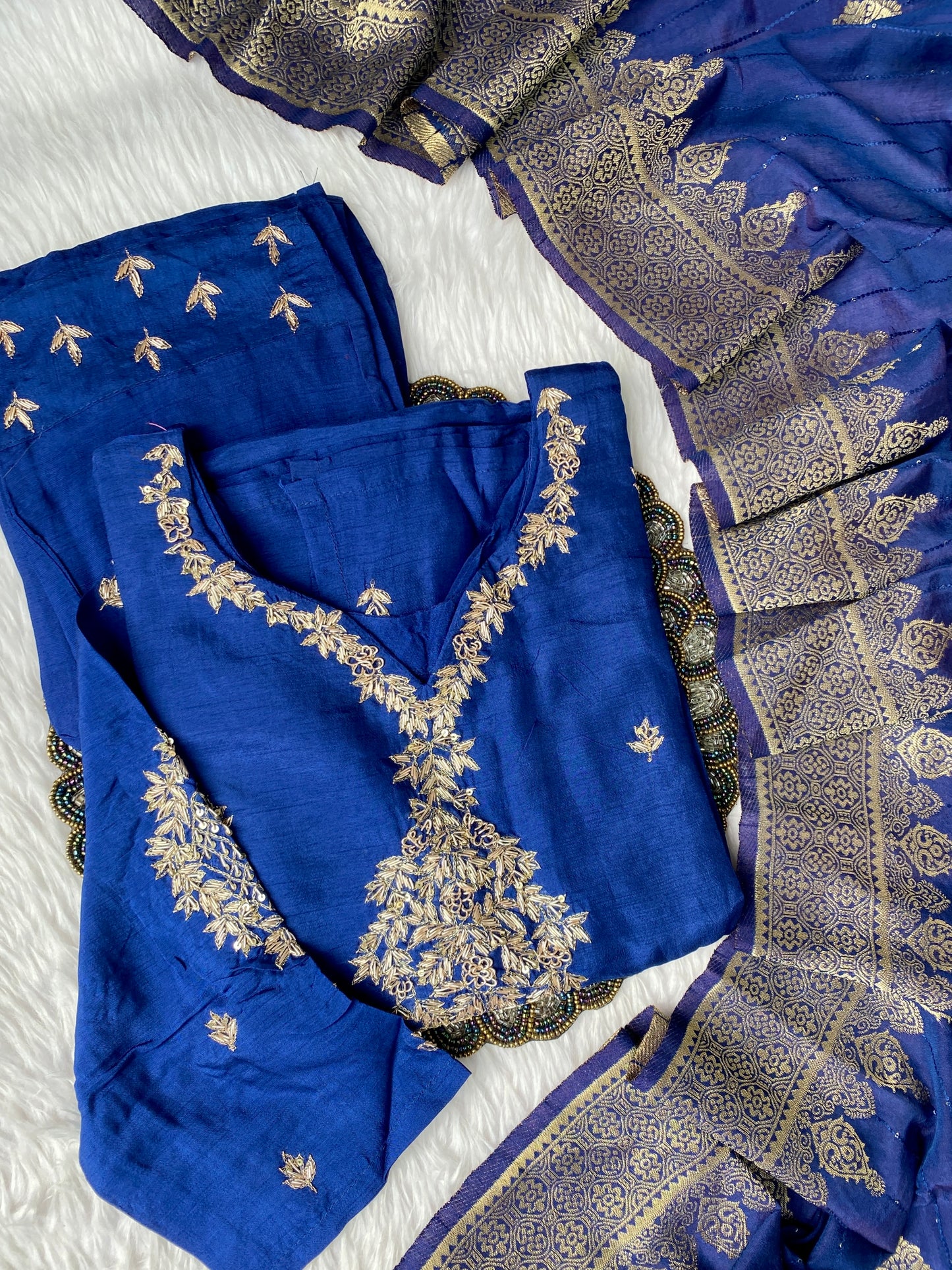 "Khushali" Silver zardozi work dola silk set