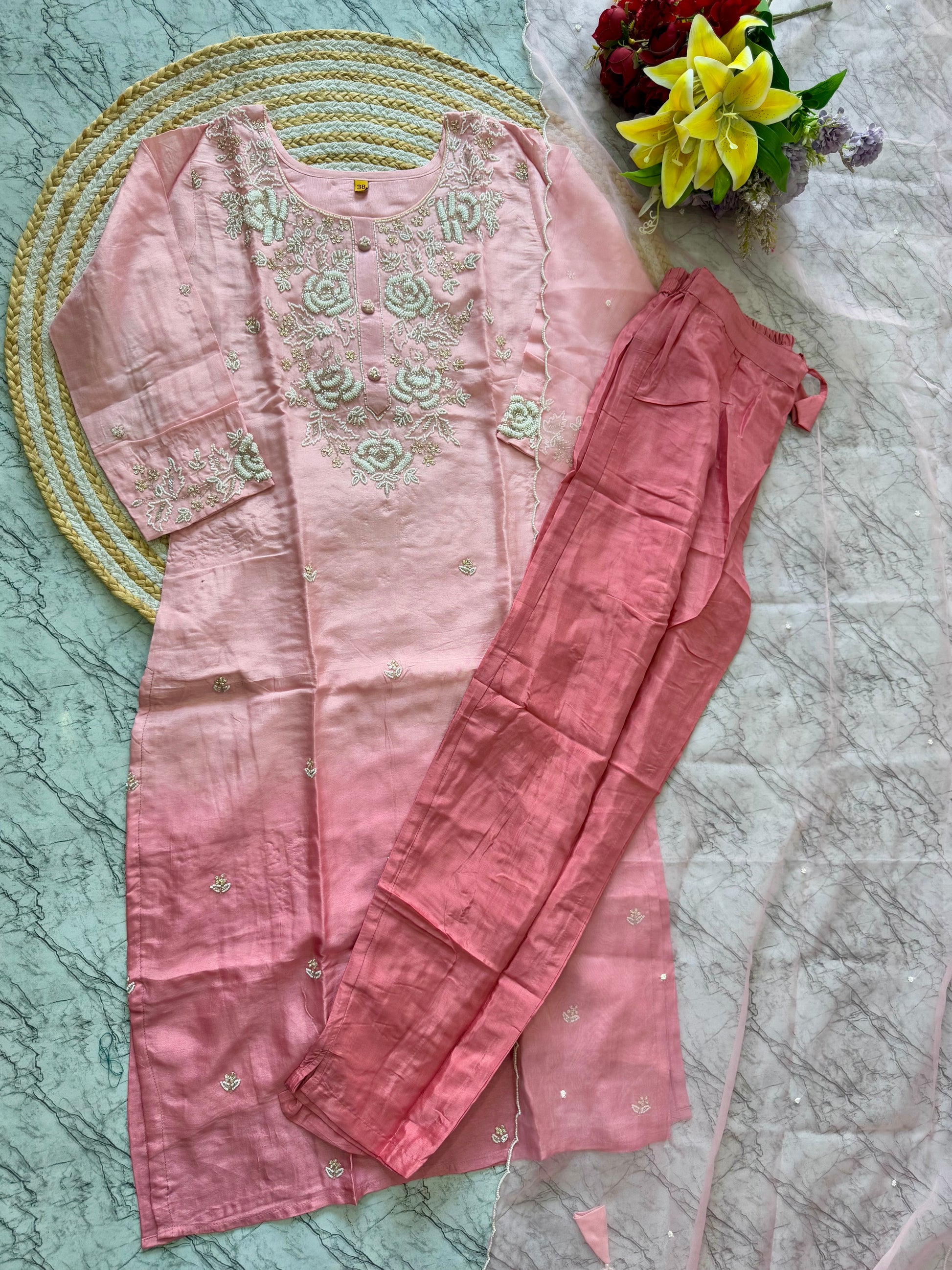 “Ulfat” Tissue silk pink shade party wear suit set