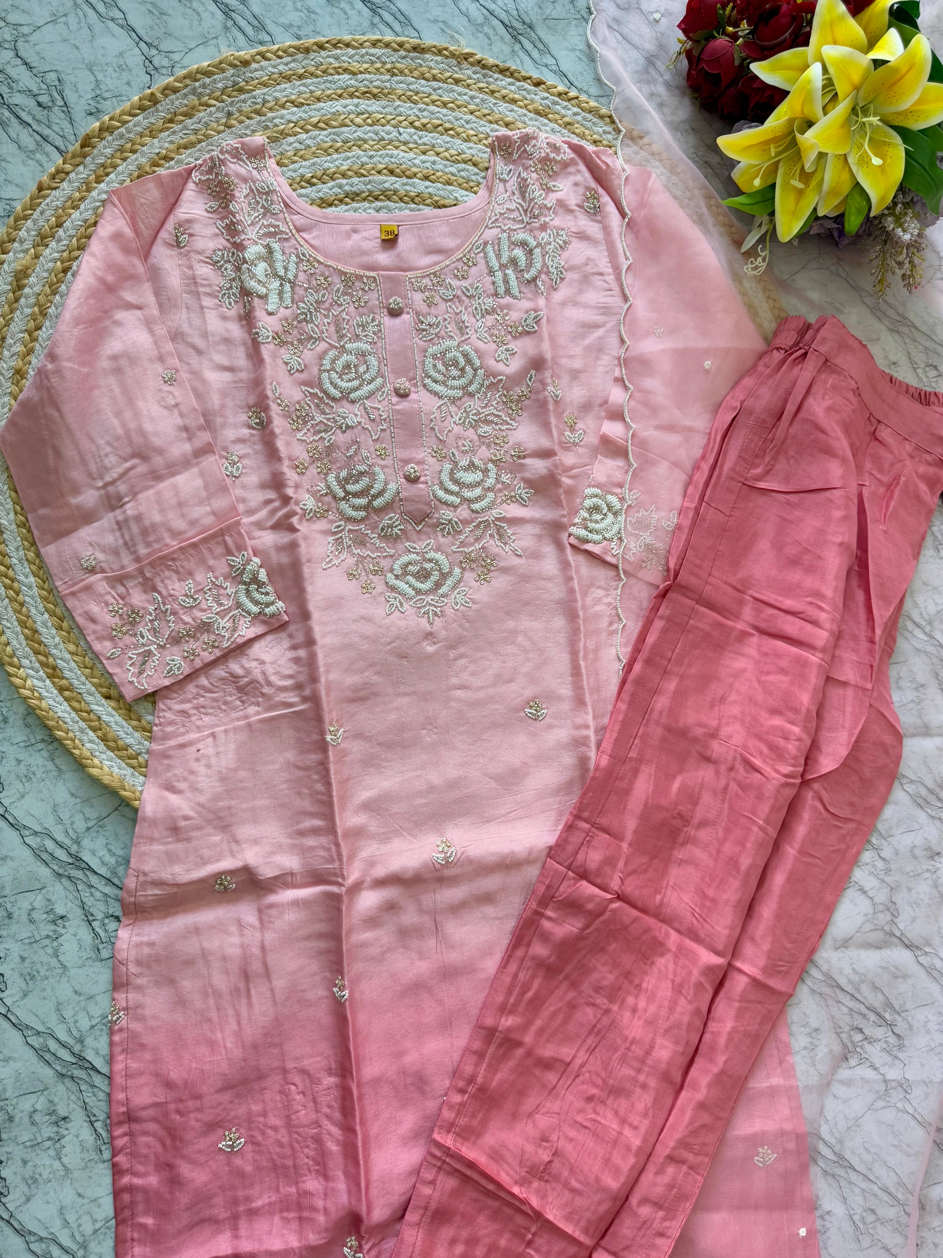 “Ulfat” Tissue silk pink shade party wear suit set