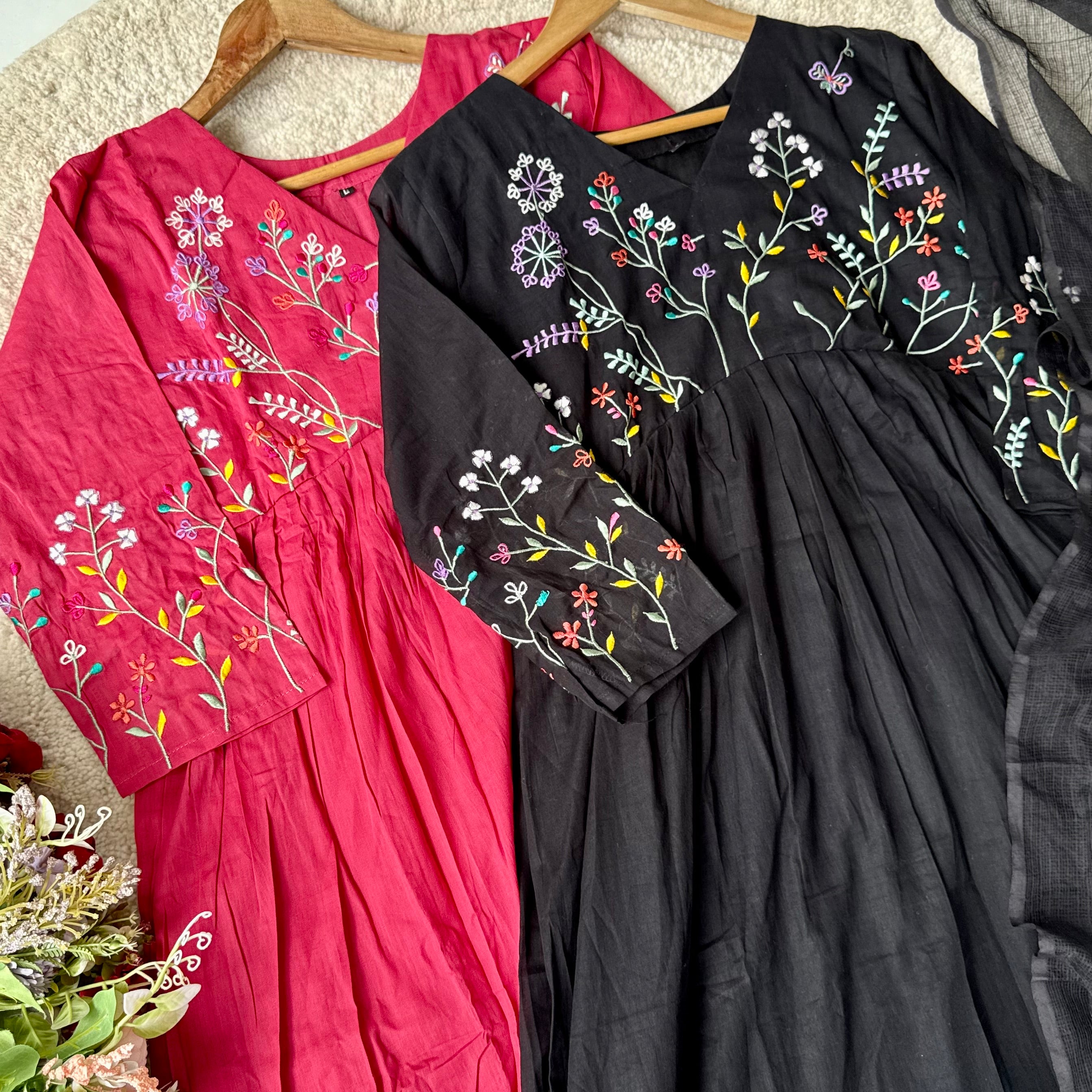 “Ziva” Beautiful Mul Cotton Embroidered Anarkali Kurta Set