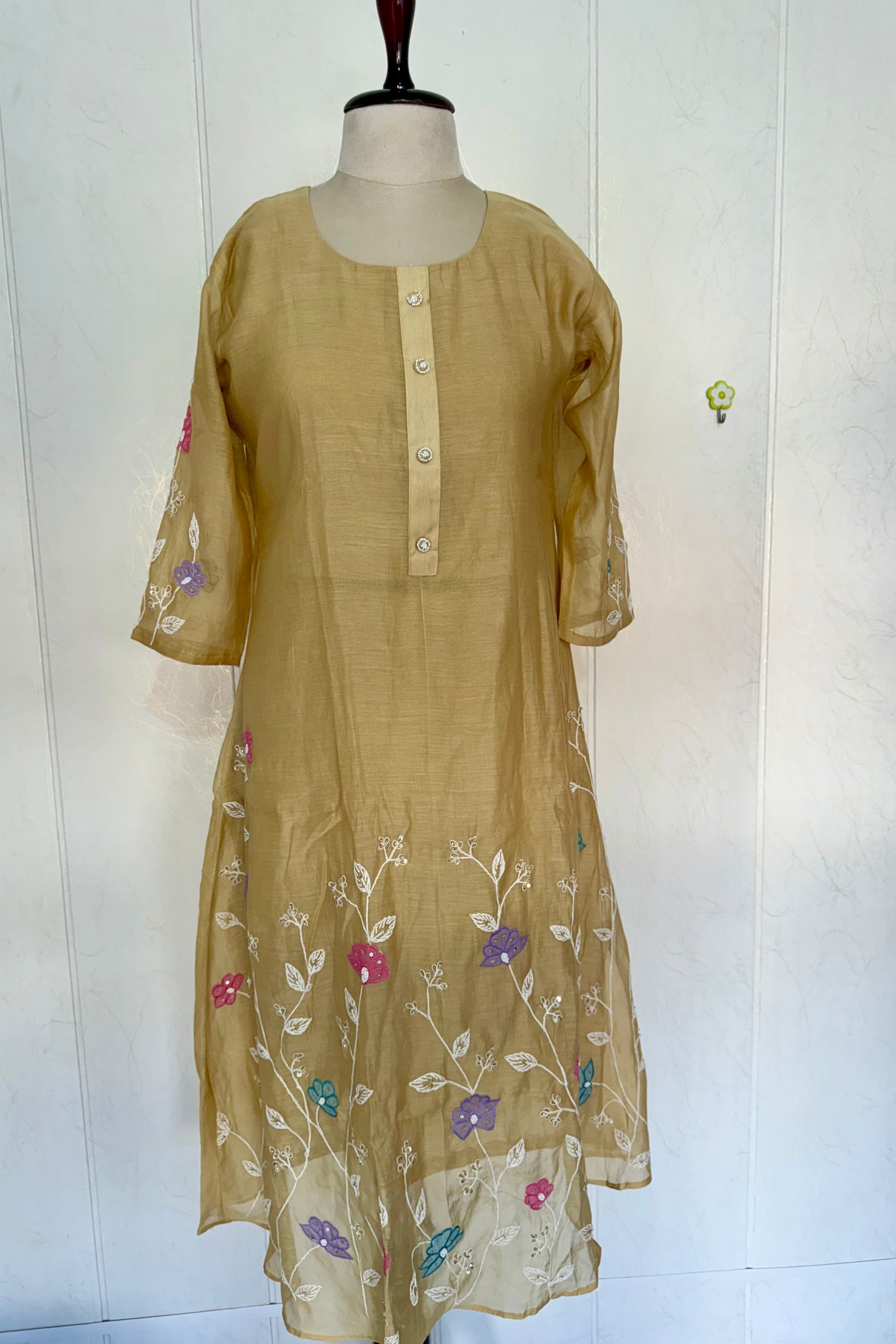 “Thread” Premium Golden Beige Mul Chanderi A Line kurta set