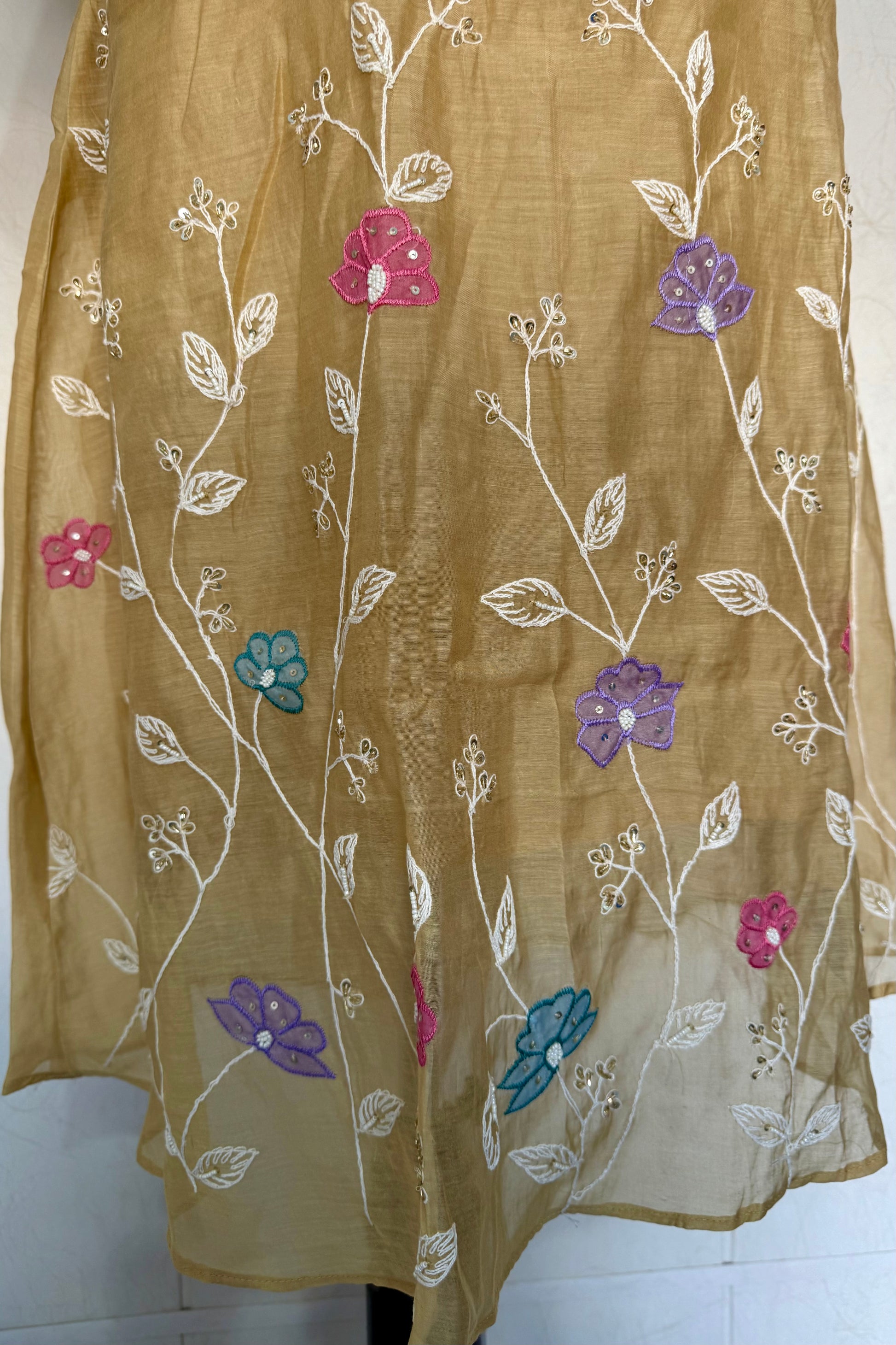 “Thread” Premium Golden Beige Mul Chanderi A Line kurta set