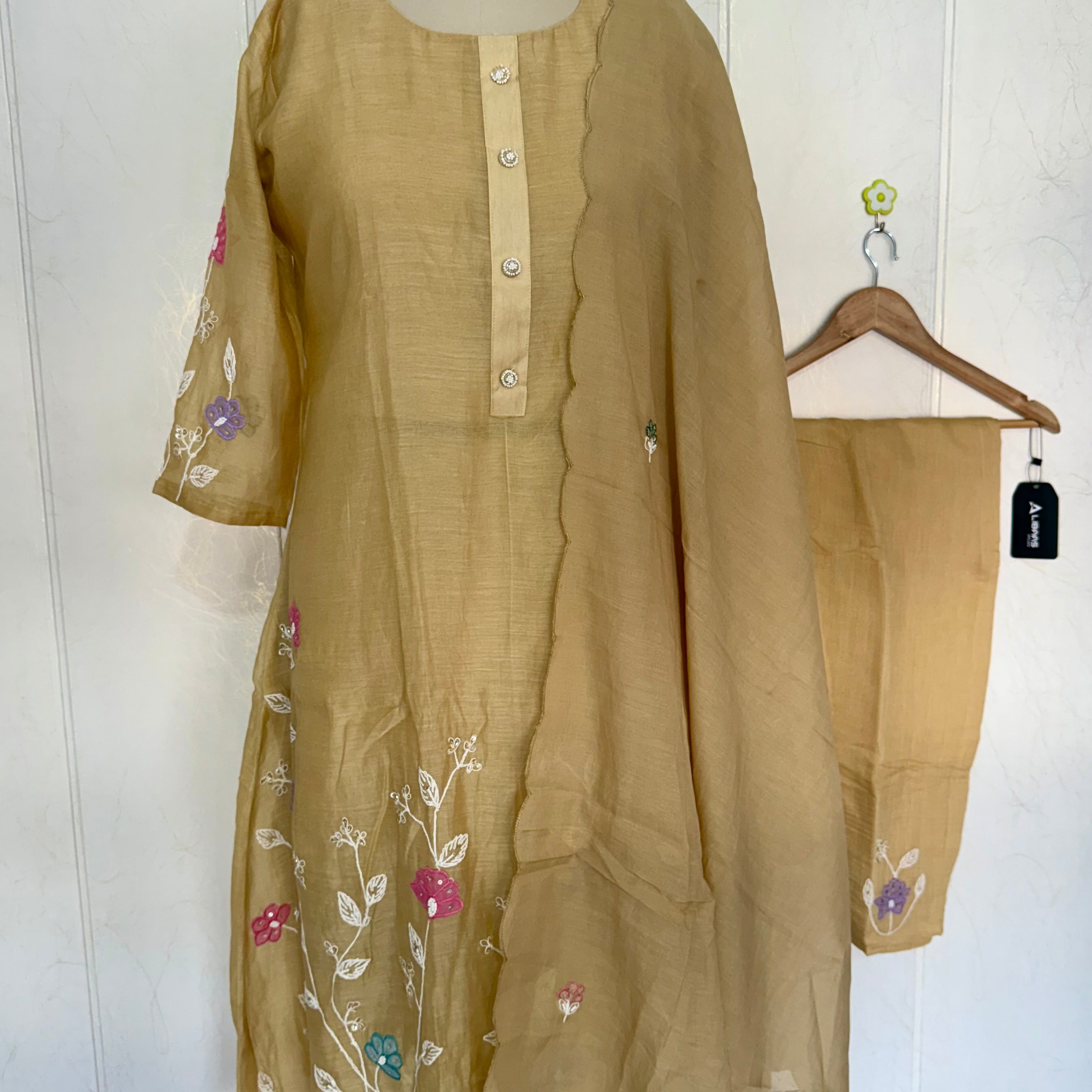 “Thread” Premium Golden Beige Mul Chanderi A Line kurta set