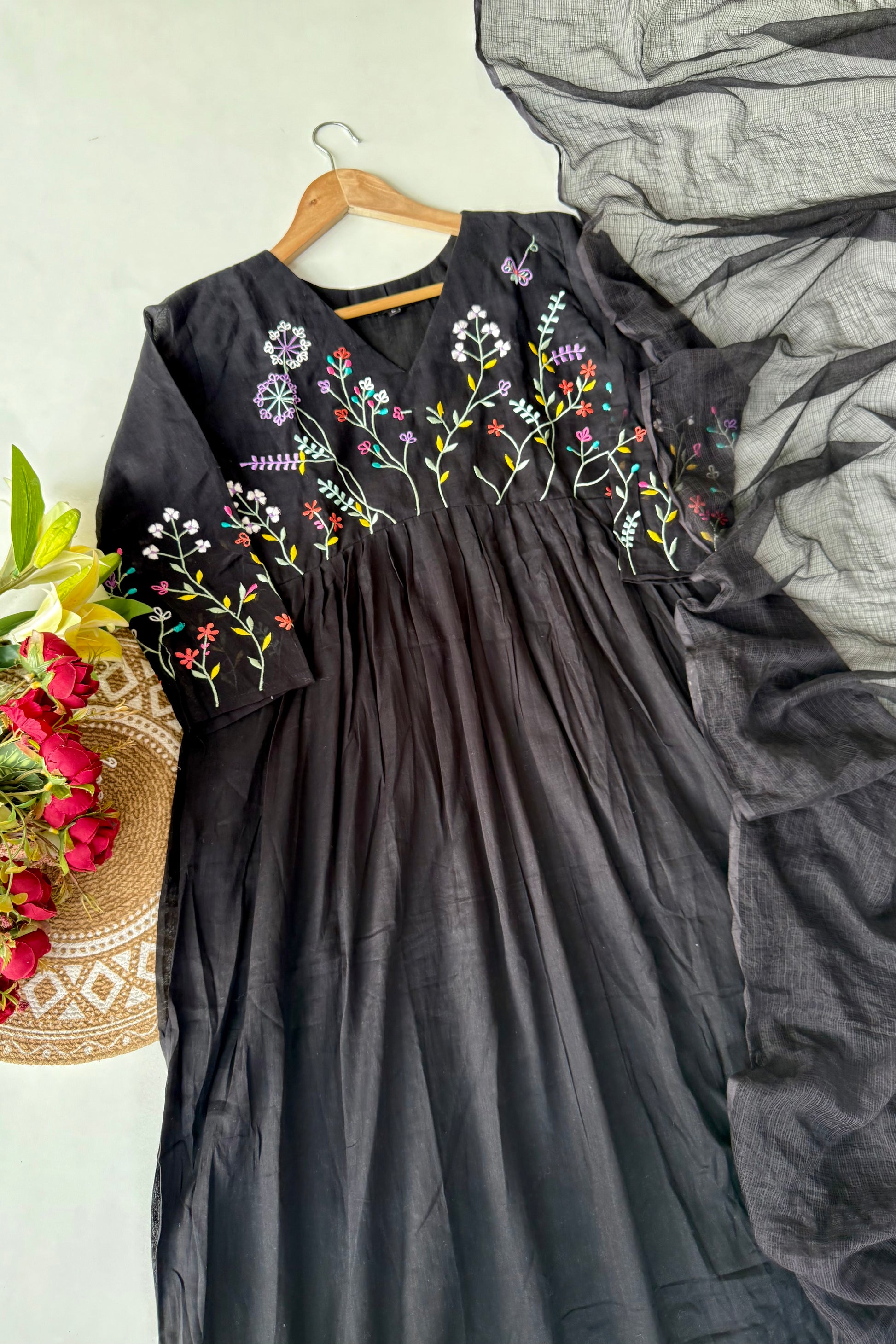 “Ziva” Beautiful Mul Cotton Embroidered Anarkali Kurta Set