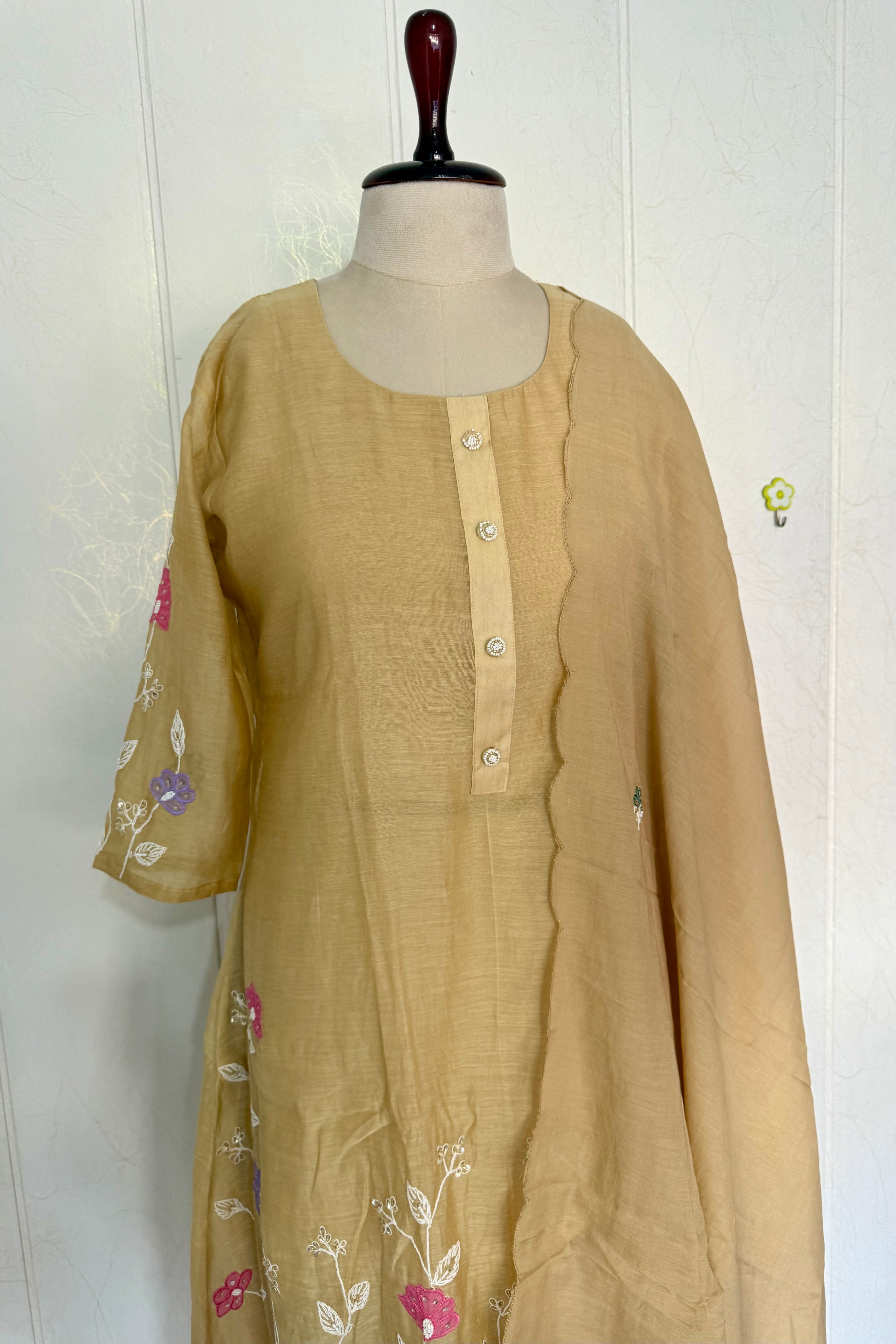 “Thread” Premium Golden Beige Mul Chanderi A Line kurta set