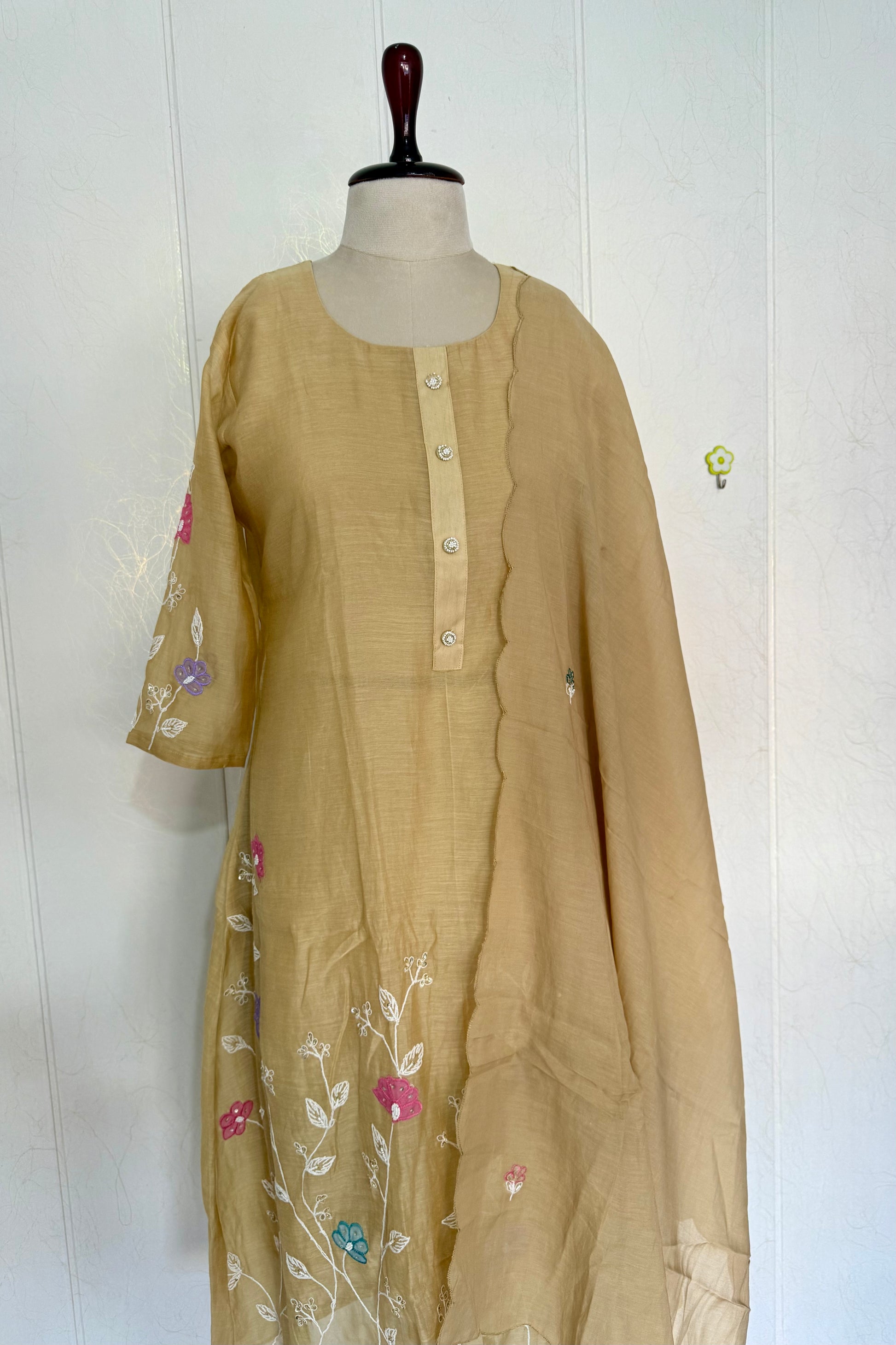 “Thread” Premium Golden Beige Mul Chanderi A Line kurta set
