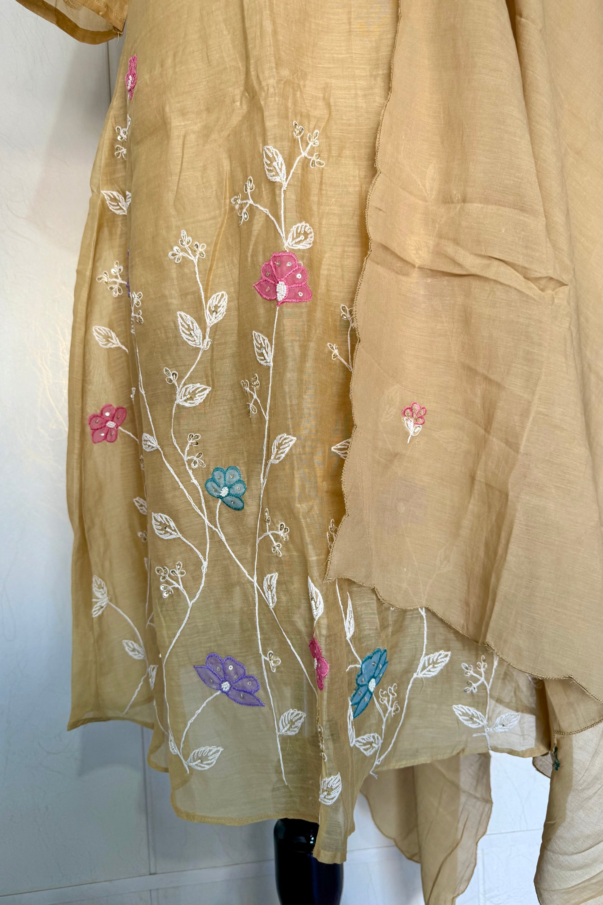 “Thread” Premium Golden Beige Mul Chanderi A Line kurta set