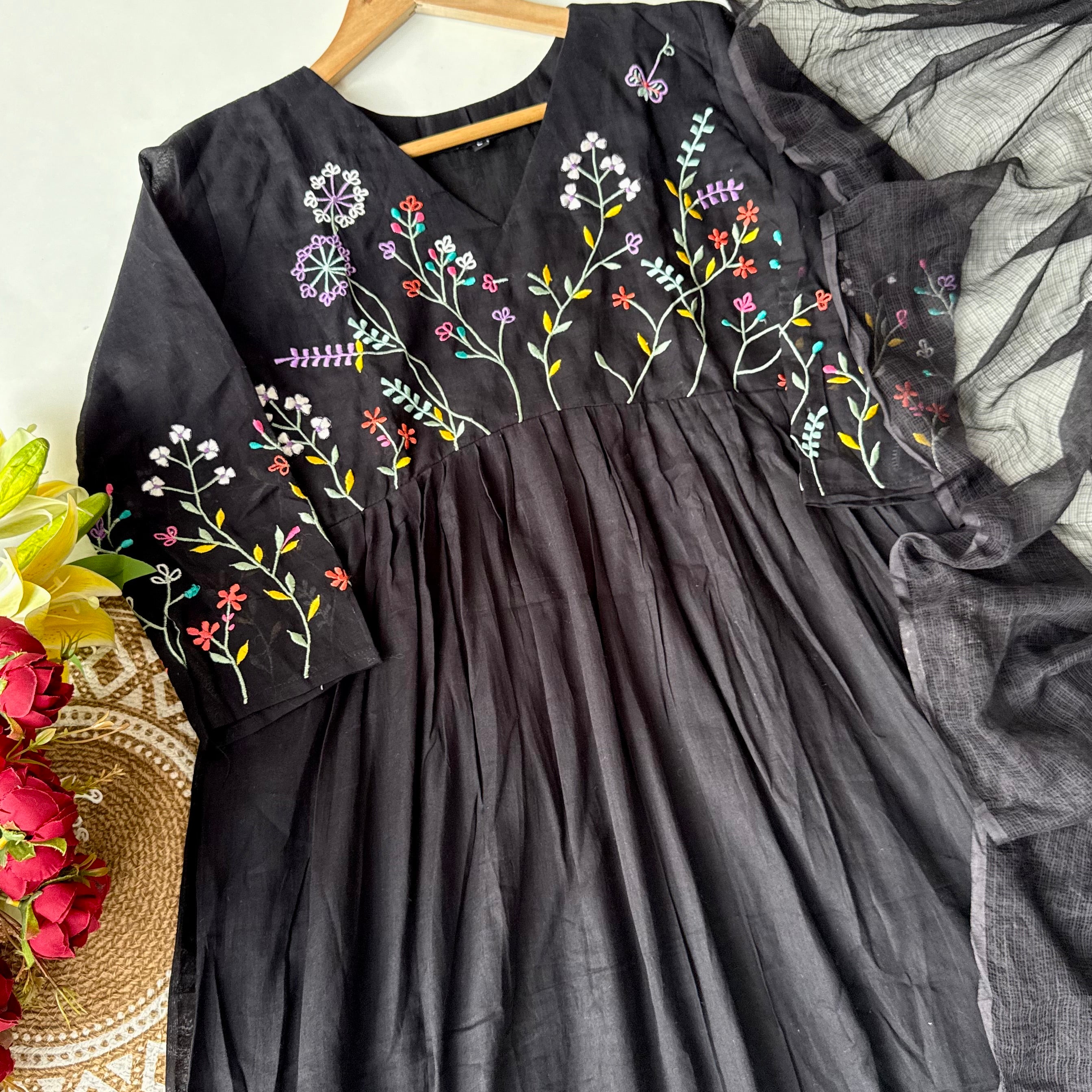 “Ziva” Beautiful Black Mul Cotton Embroidered Anarkali Kurta Set