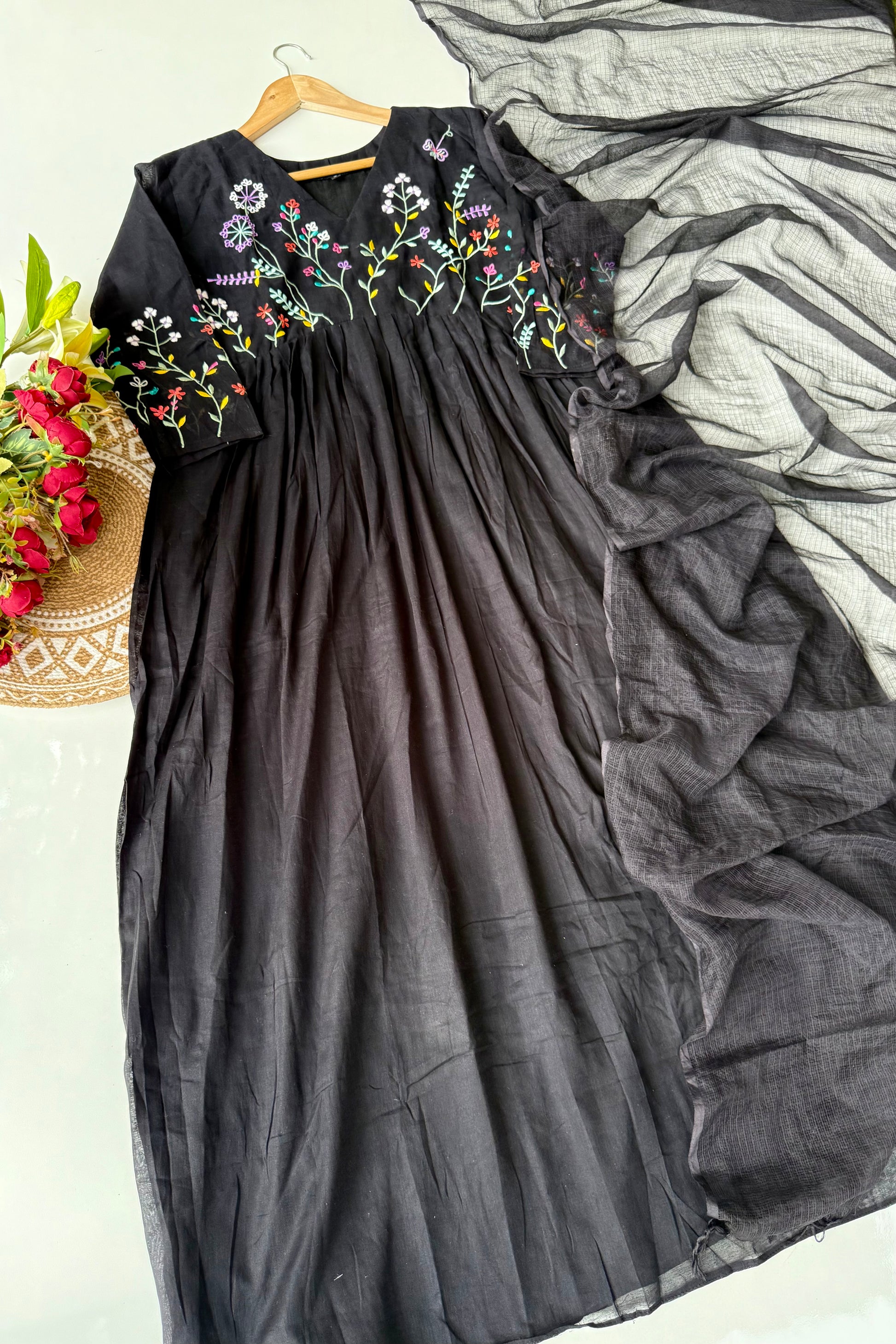 “Ziva” Beautiful Black Mul Cotton Embroidered Anarkali Kurta Set