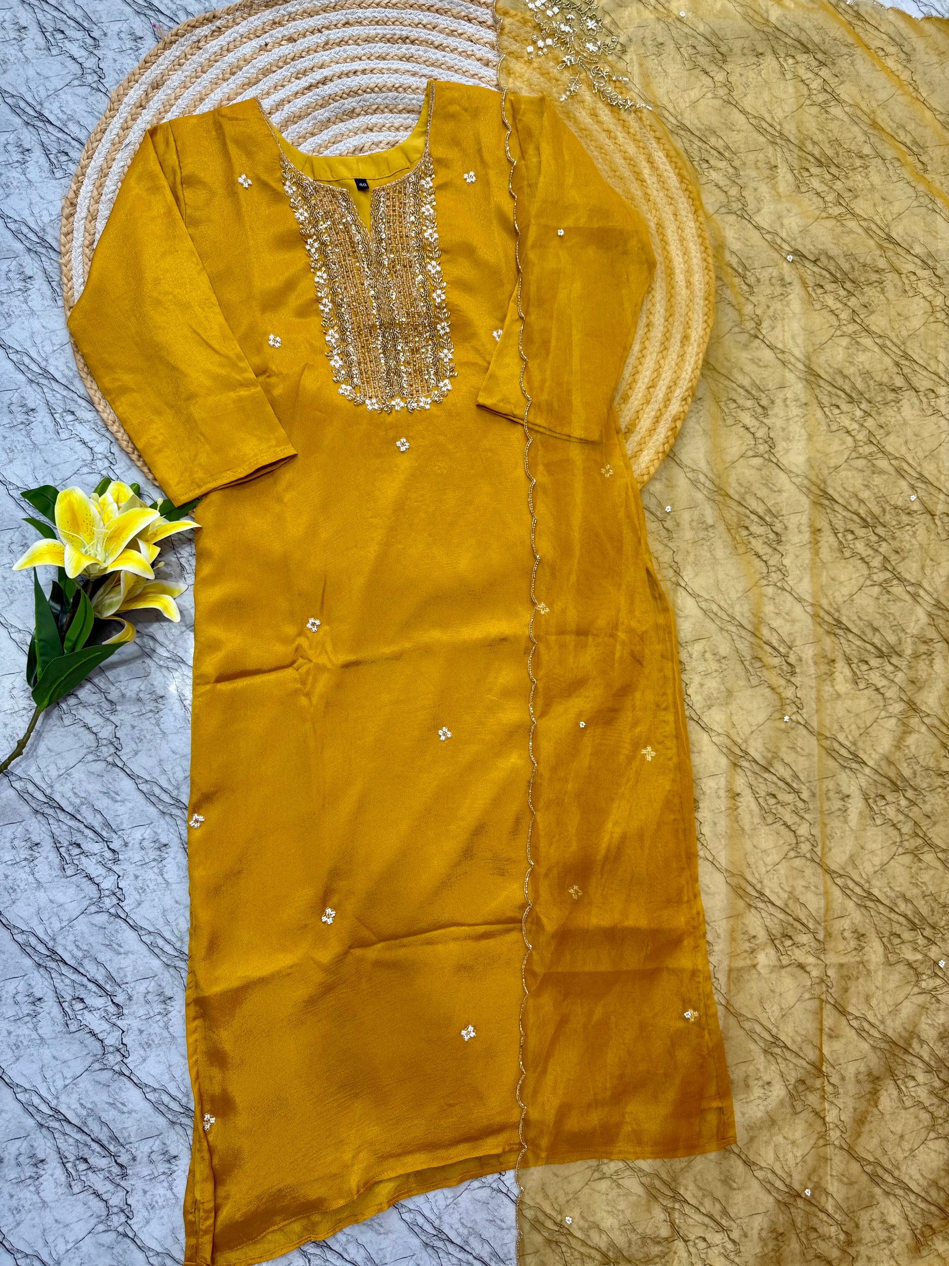 "Furqat" Chinnon silk handcrafted kurti set 🛍️