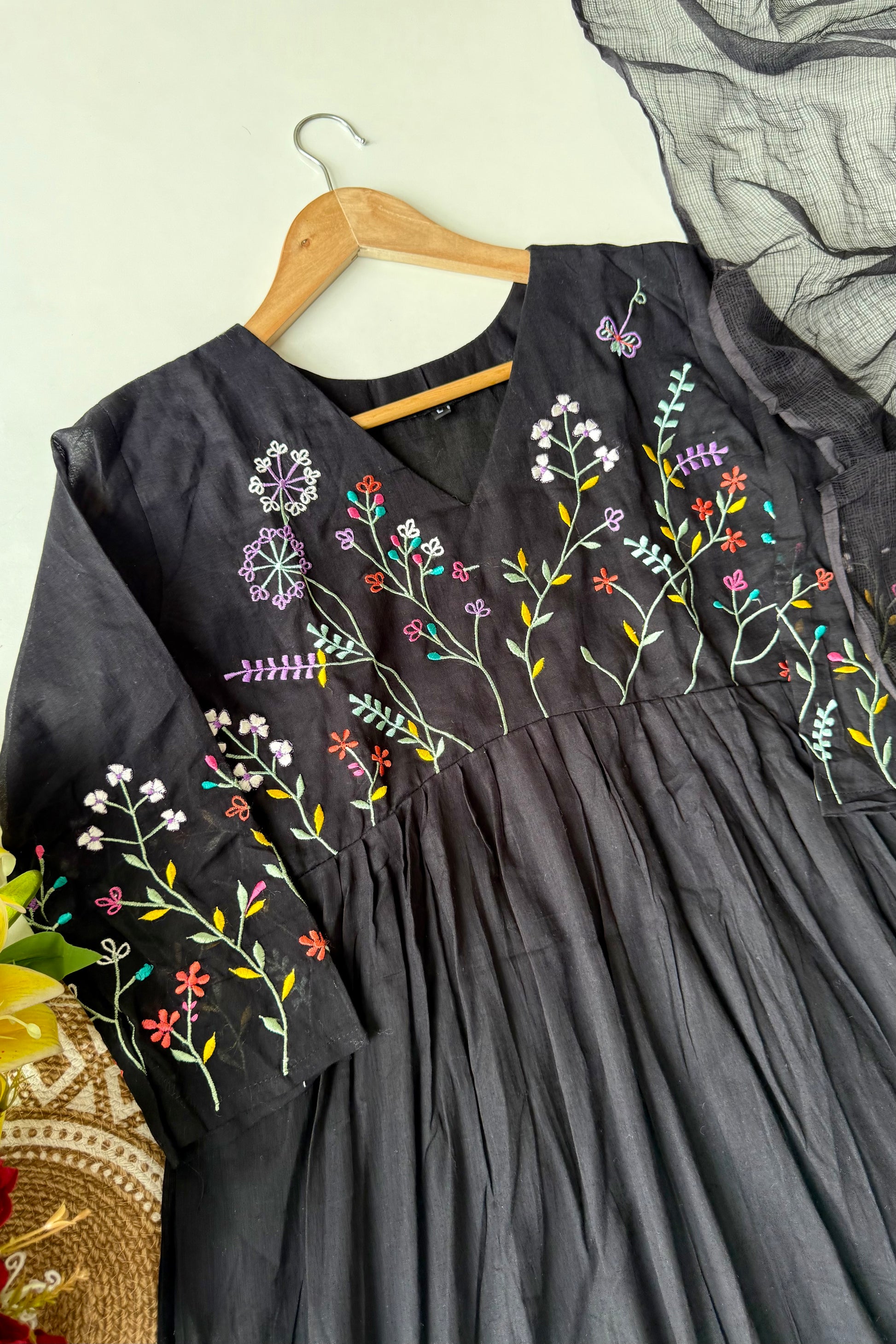 “Ziva” Beautiful Black Mul Cotton Embroidered Anarkali Kurta Set