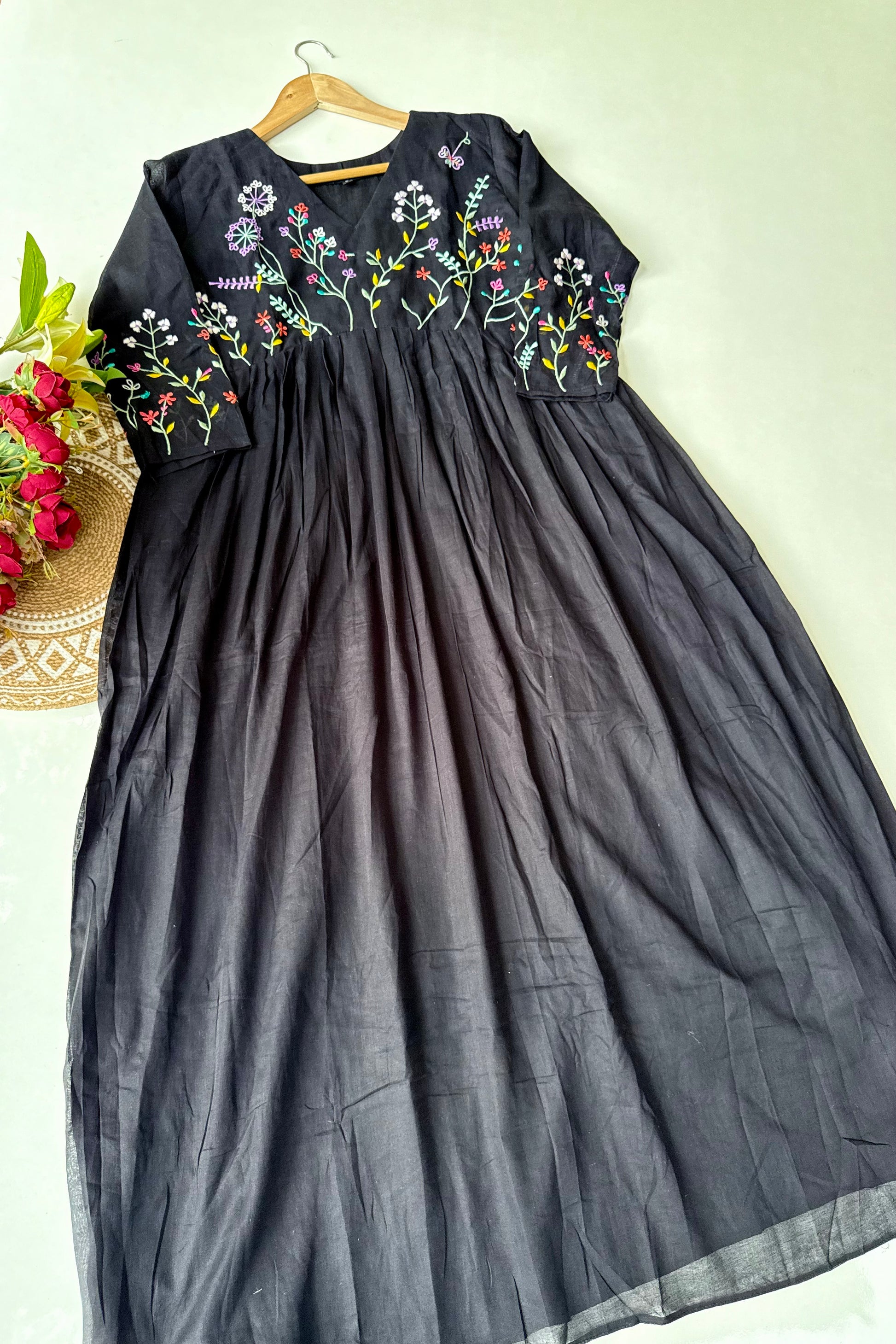 “Ziva” Beautiful Black Mul Cotton Embroidered Anarkali Kurta Set