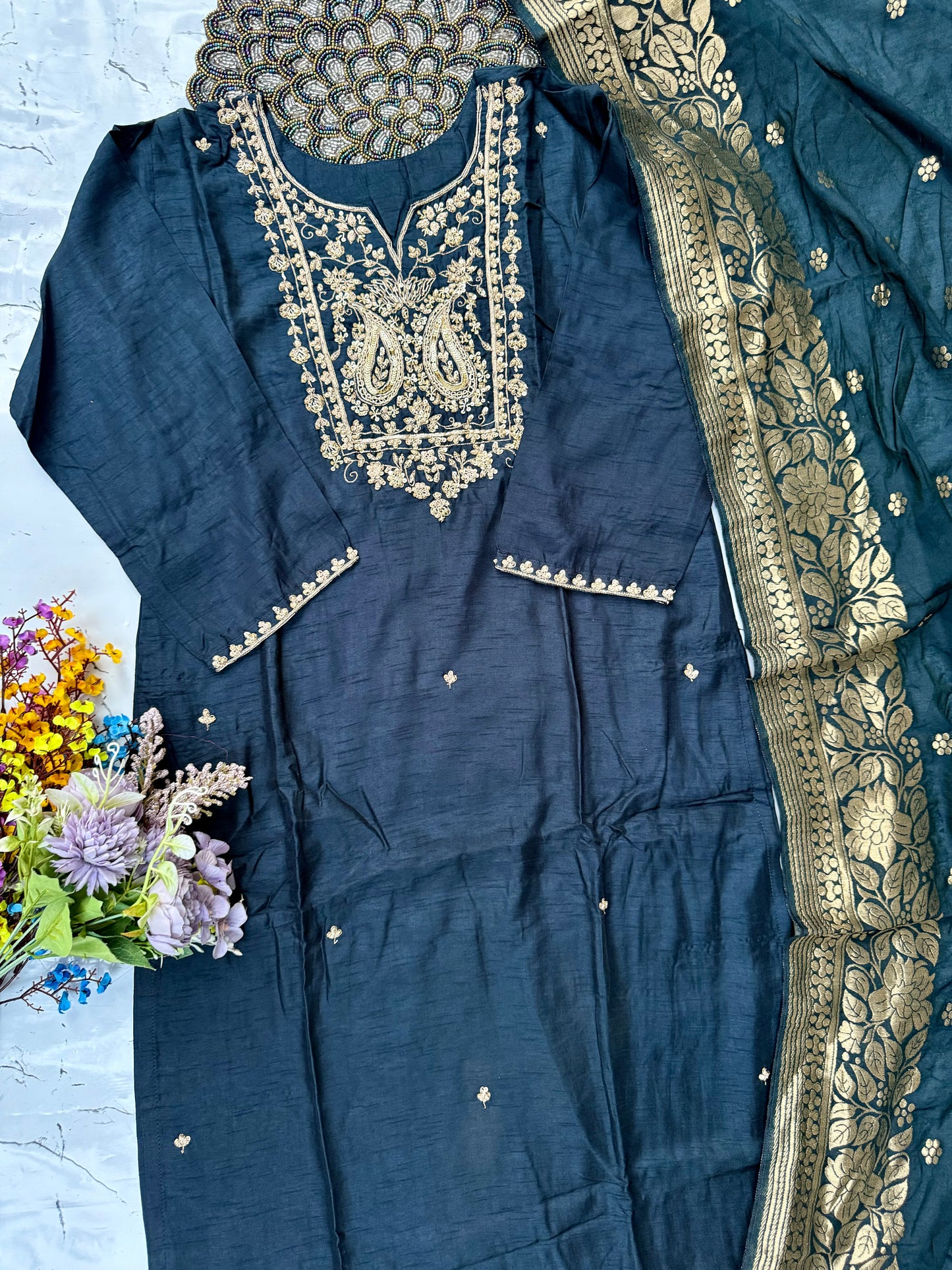 “Fiza” Zardosi work dola silk kurti bottom dupatta set